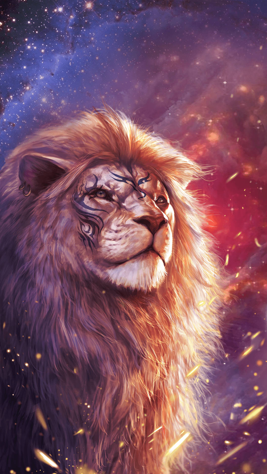 lion, glowing mane, cosmic tattoos, Full HD Phone Wallpaper