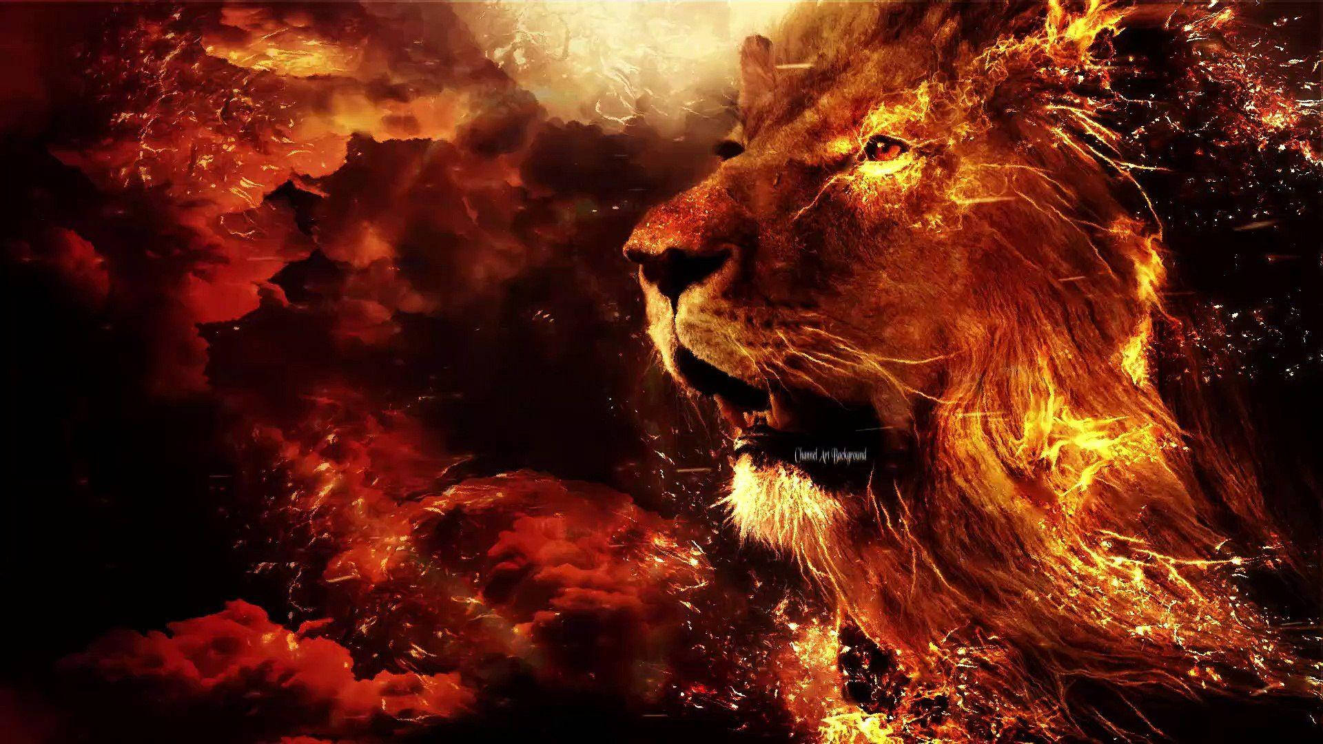 Fire Lion, red and black clouds, fiery flames, Full HD Desktop Wallpaper