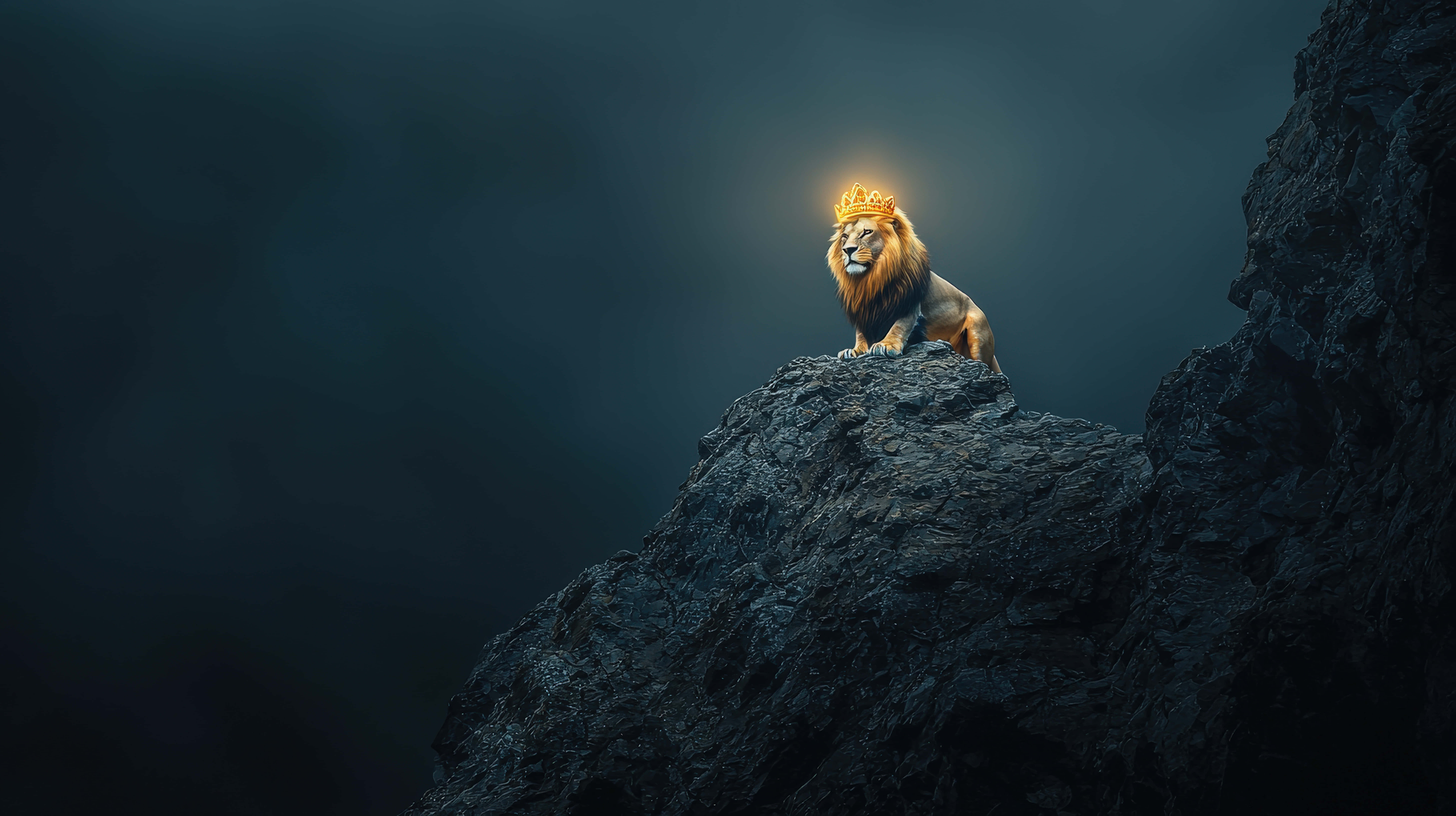 glowing golden crown, dark rocky mountain, twilight sky, 8K Desktop Wallpaper