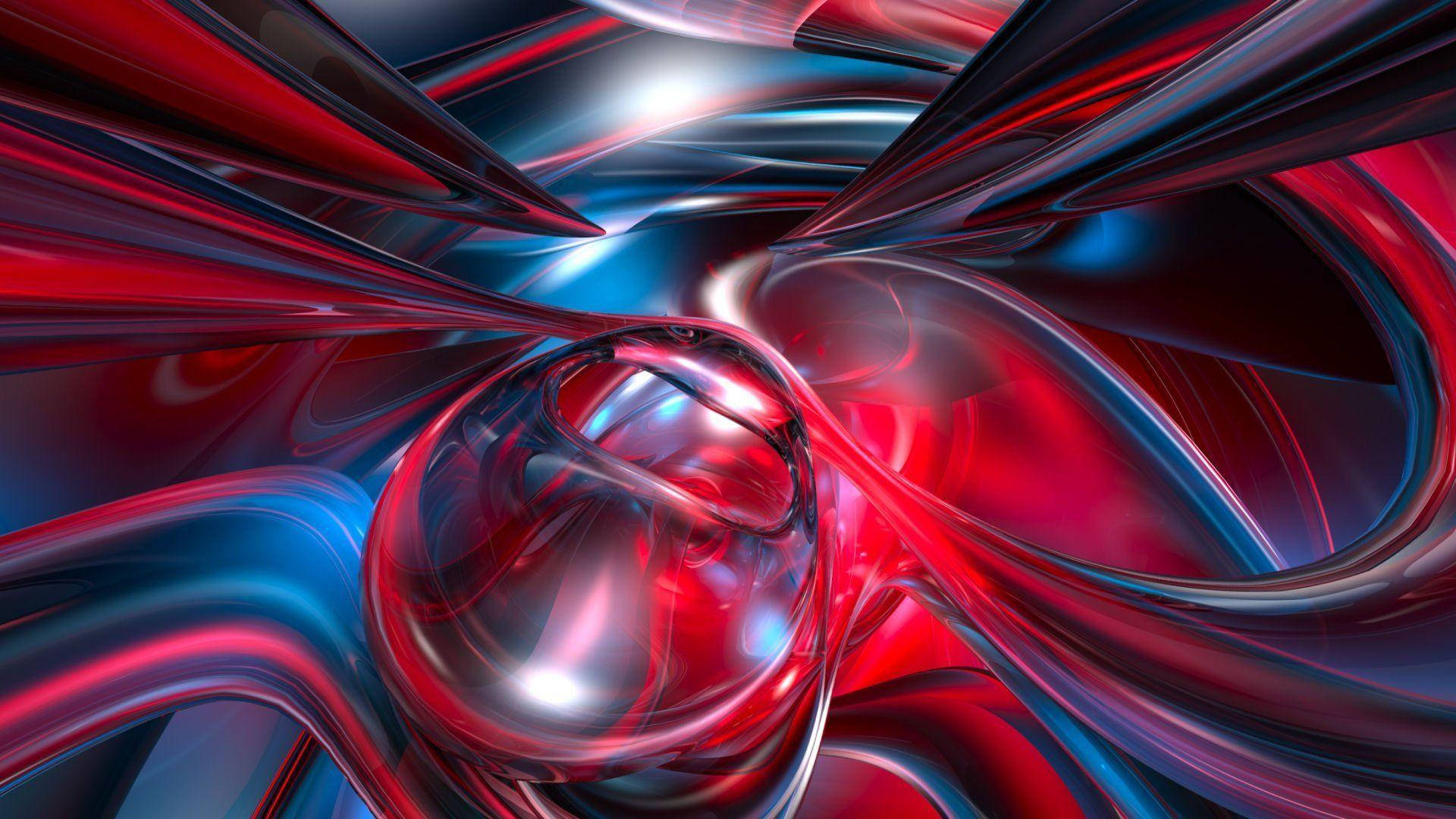 liquid metal forms, red and blue metallic ribbons, central glass orb, Full HD Desktop Wallpaper