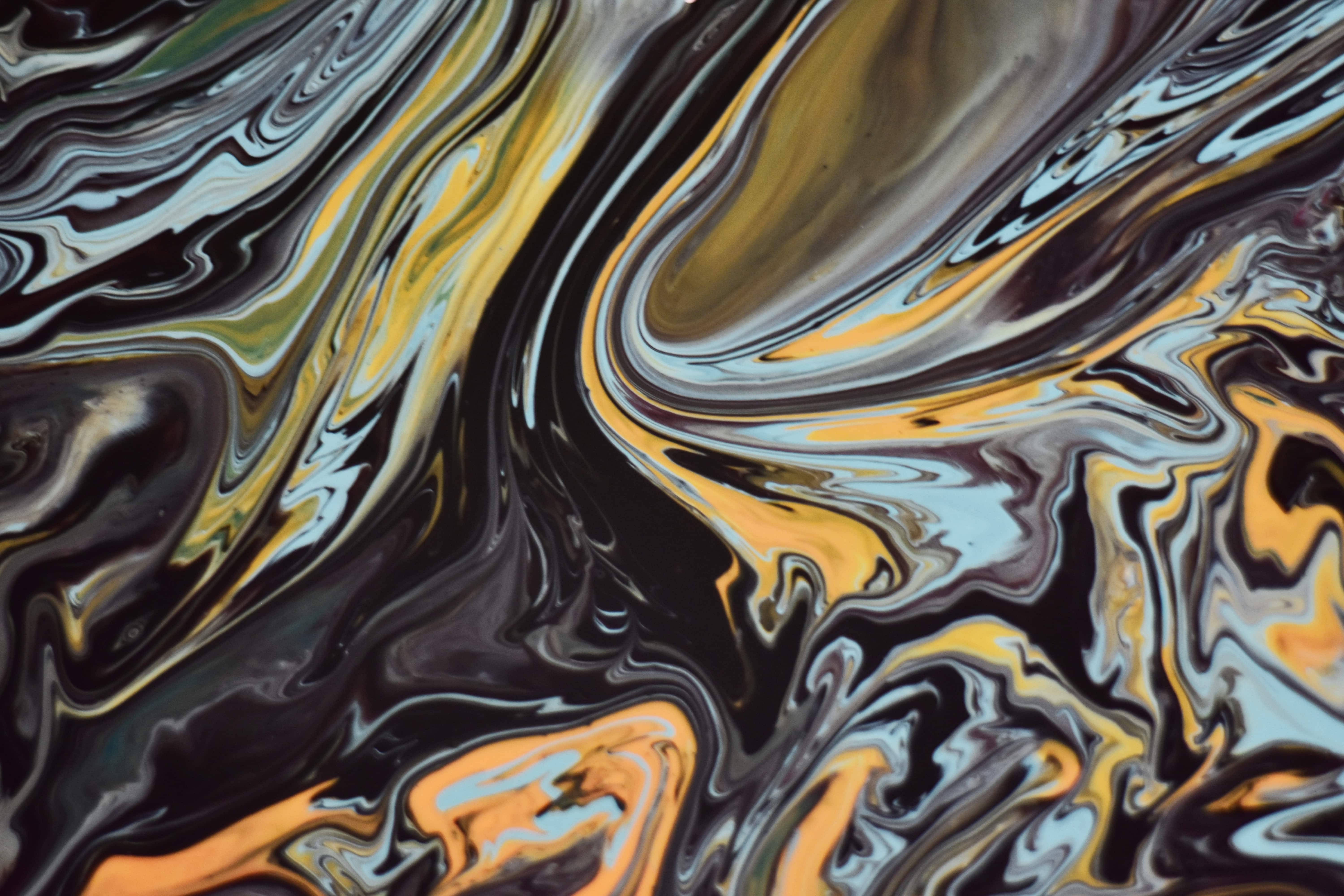 black gold silver and teal paint, vibrant swirling abstract pattern, fluid dynamic motion, 5K Desktop Wallpaper