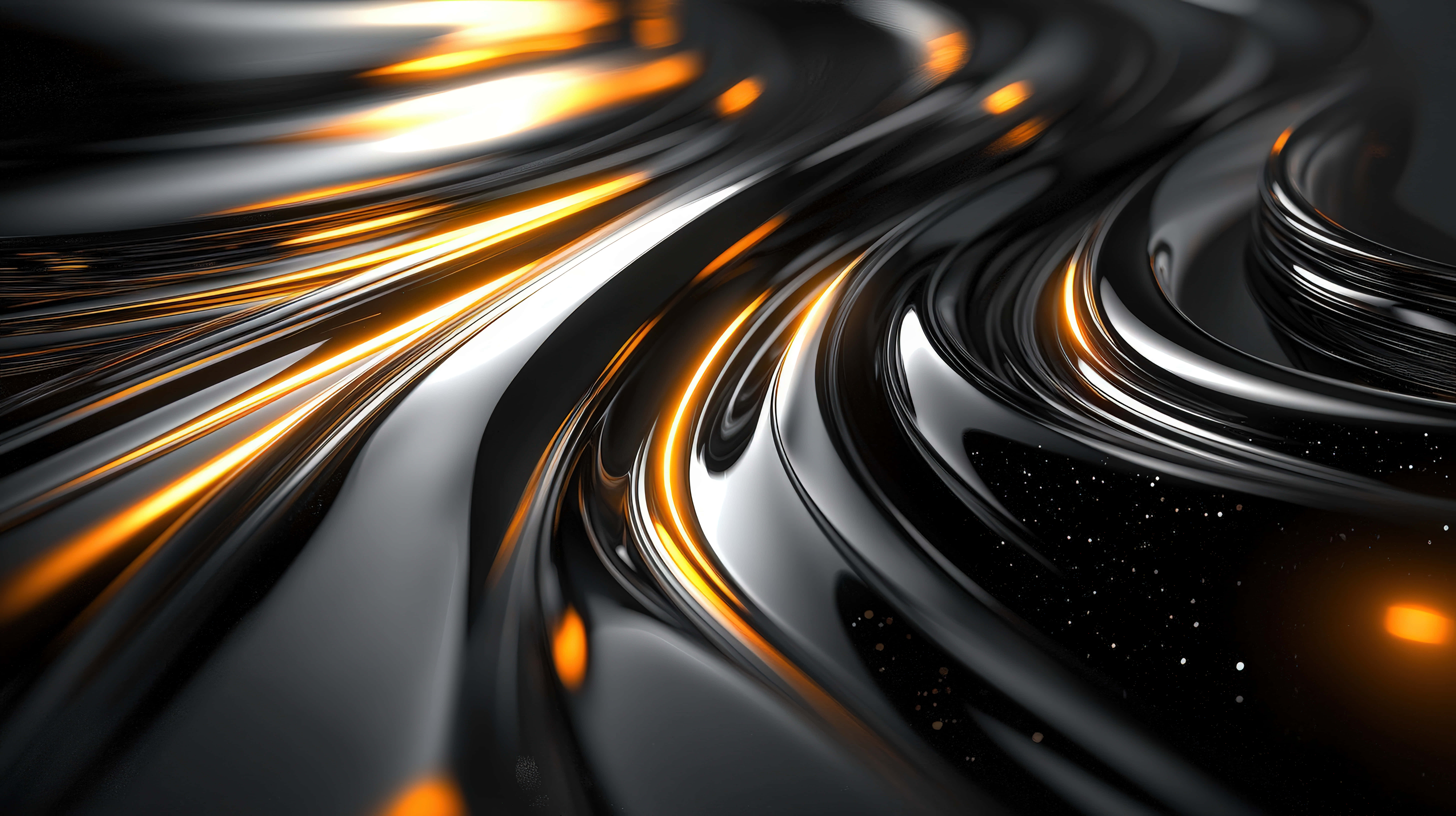 black metallic waves, glowing golden light, starry void background, 8K Desktop Wallpaper