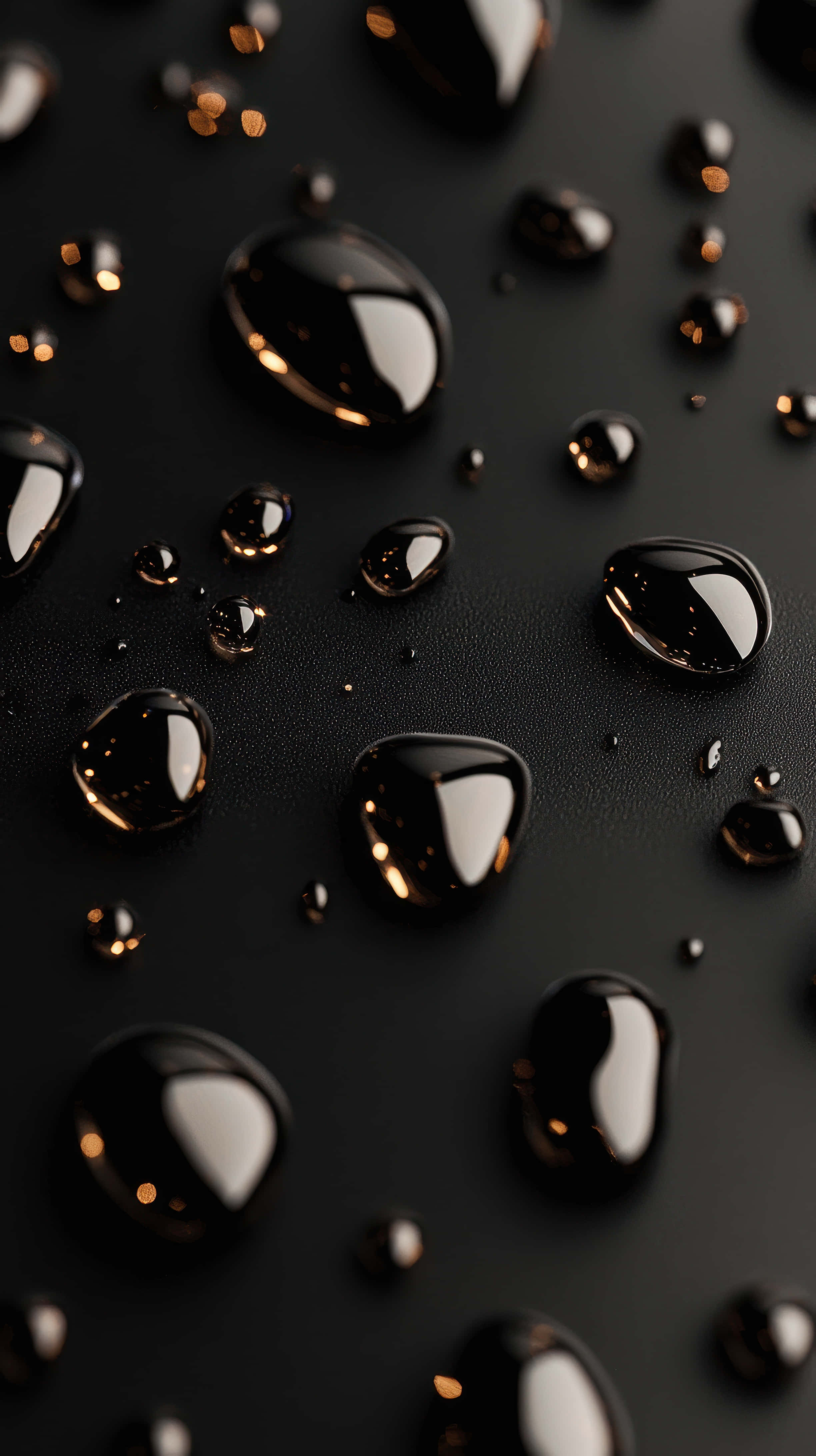 black water droplets, matte black surface, warm golden light, 4K Phone Wallpaper