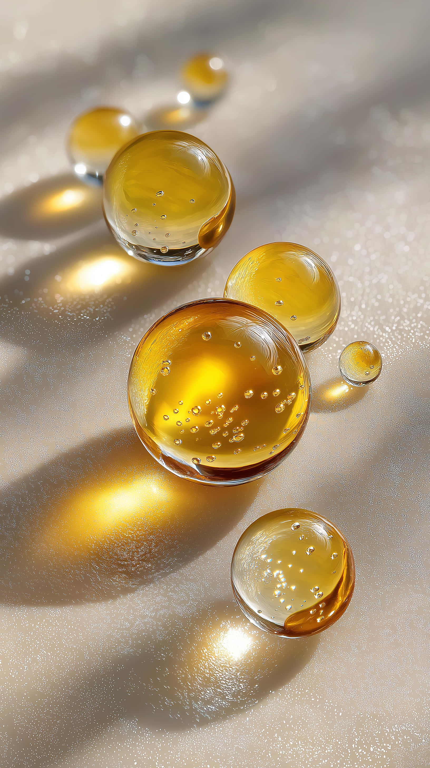amber droplets, golden amber liquid, internal bubbles, 2K Phone Wallpaper