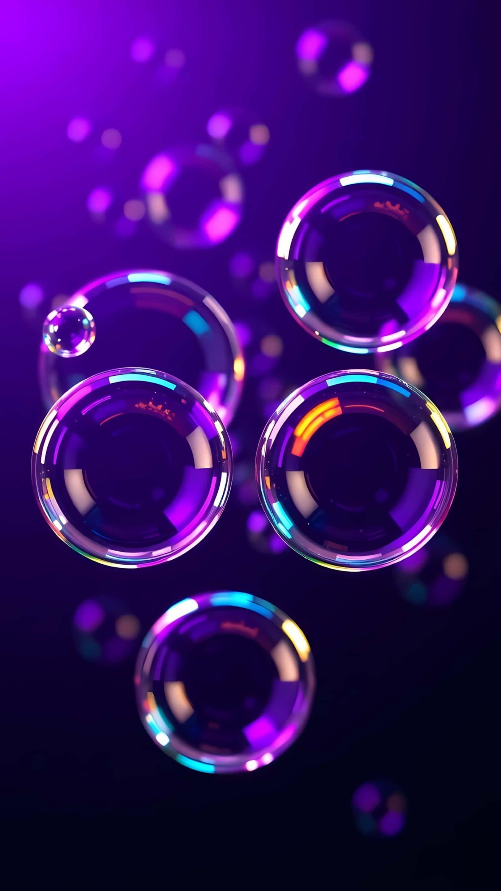 purple floating soap bubbles, deep purple background, vibrant rainbow hues, 2K Phone Wallpaper