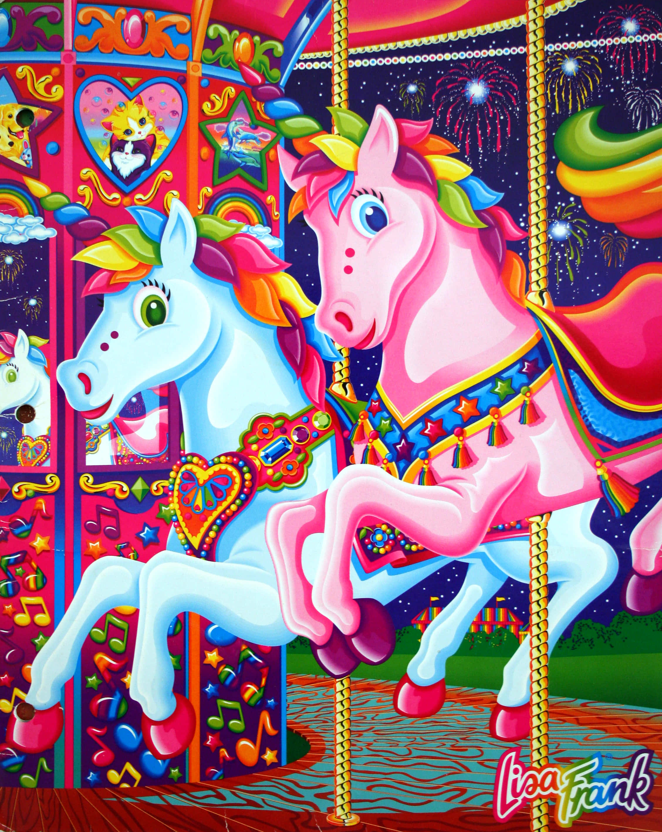 Lisa Frank Unicorn, rainbow manes, glittering carousel, 2K Phone Wallpaper
