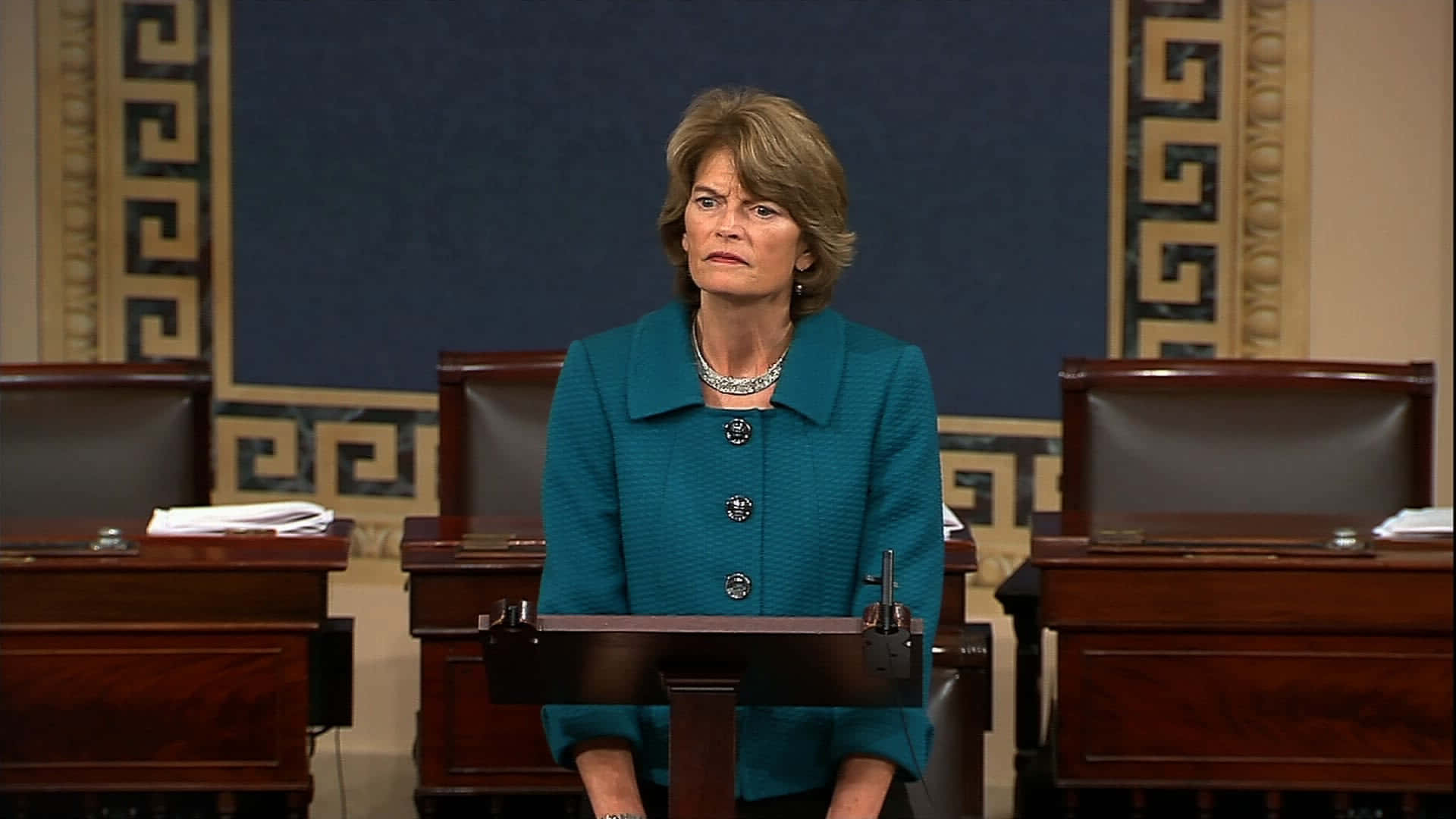 Lisa Murkowski, teal blazer, wooden podium, Full HD Desktop Wallpaper