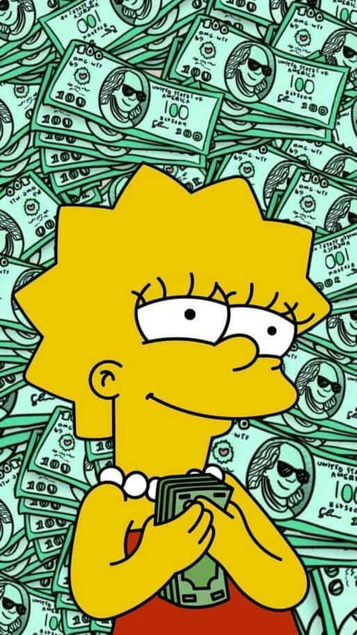 Lisa Simpson, hundred-dollar bills, sea of green cash, SD Phone Wallpaper