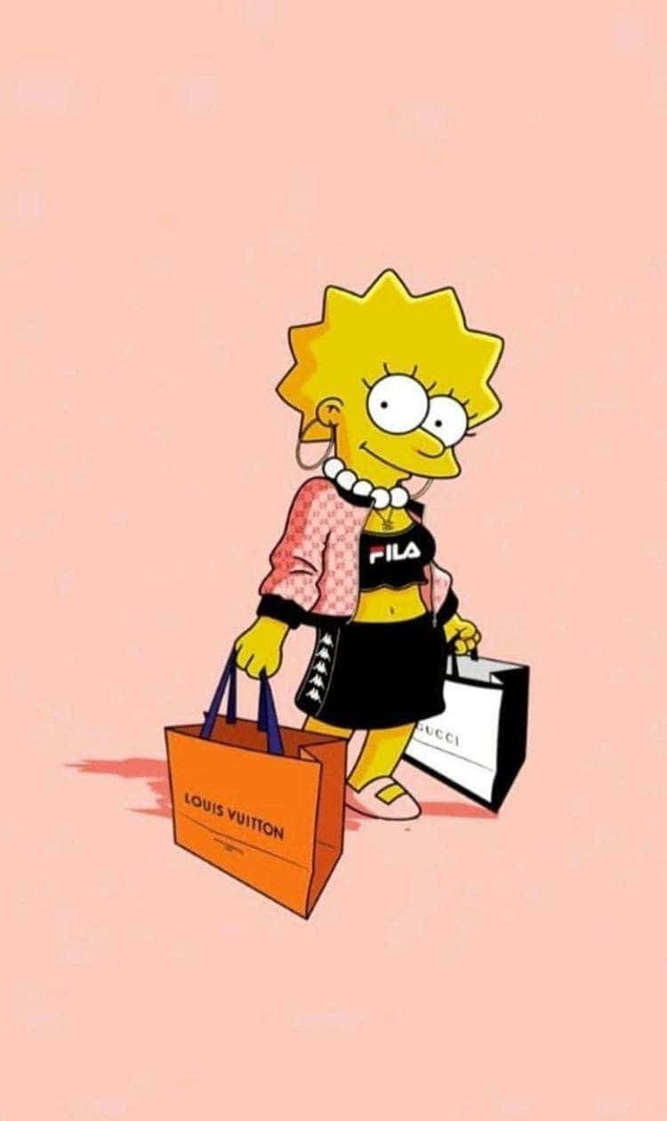 Lisa Simpson, luxury shopping bags, soft pink background, SD Phone Wallpaper