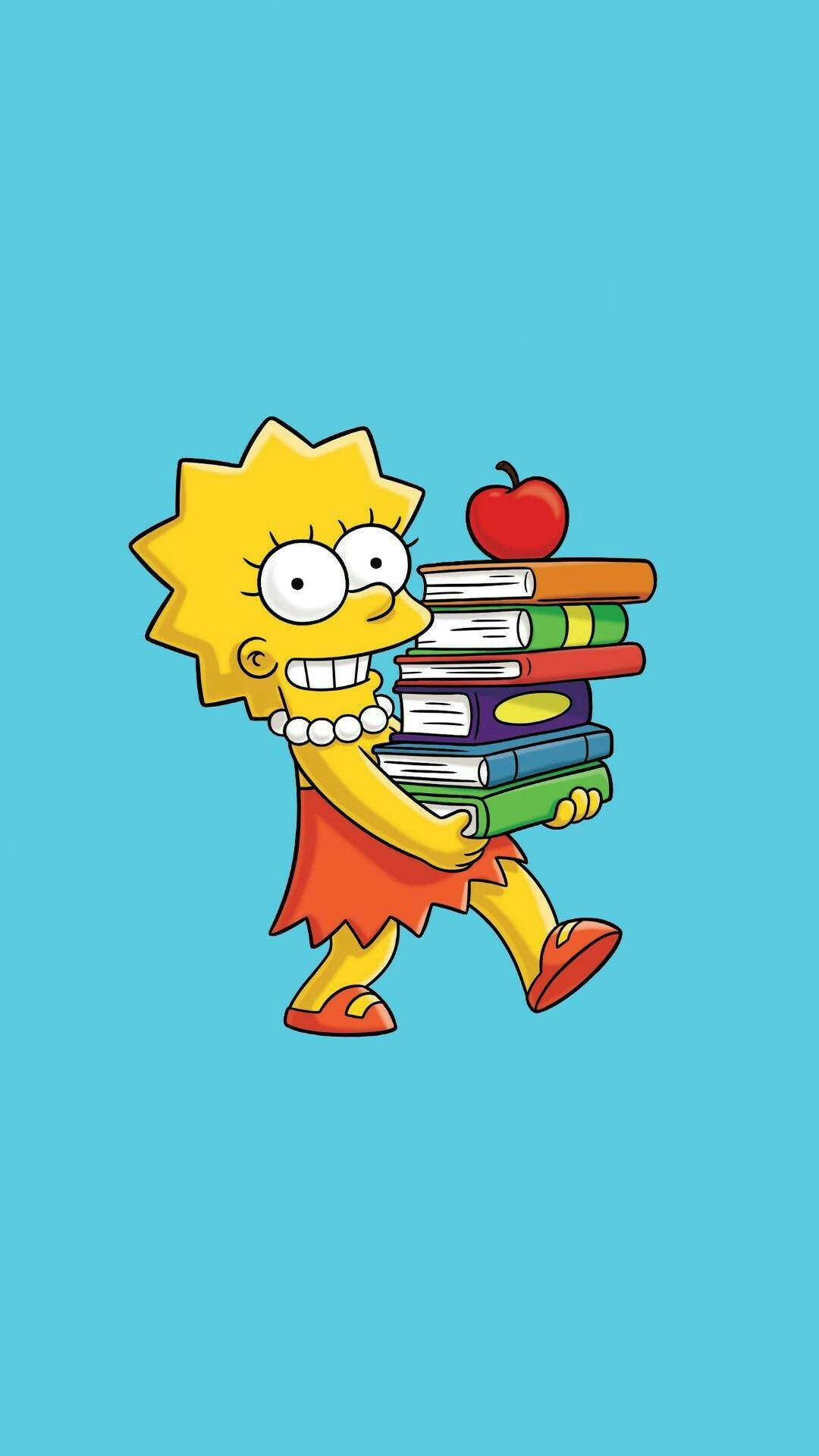 Lisa Simpson, red apple, colorful books, Full HD Phone Wallpaper