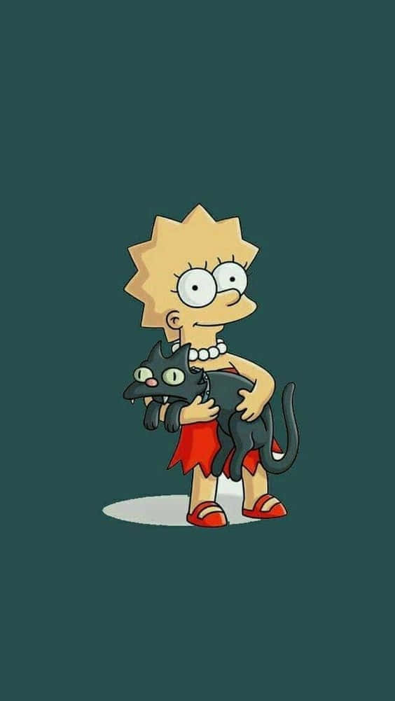 Lisa Simpson, black cat, dark teal background, SD Phone Wallpaper