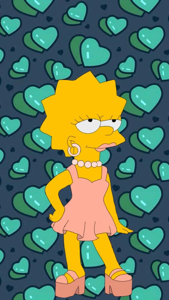 Lisa Simpson, pink dress, teal heart patterned background, SD Phone Wallpaper