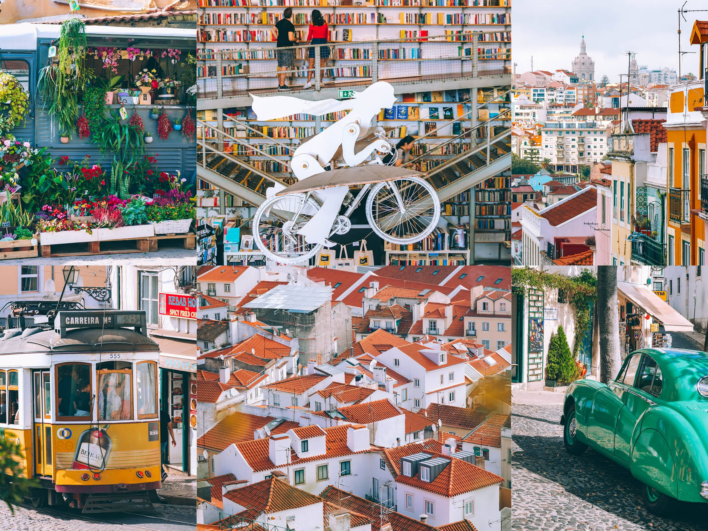 Lisbon, flower stall, tram, Full HD Desktop Wallpaper