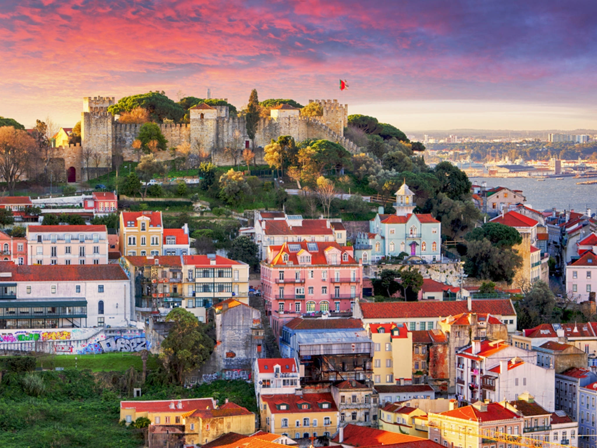 Lisbon, historic castle, colorful tiled rooftops, Full HD Desktop Wallpaper