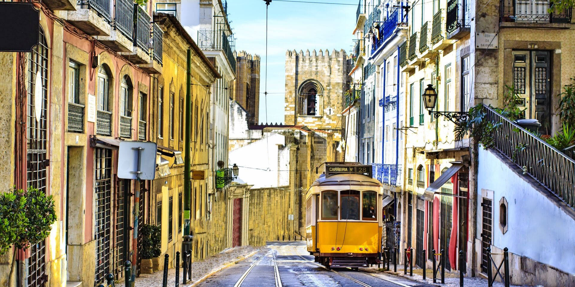 yellow trams, Lisbon, cobblestone street, Full HD Desktop Wallpaper