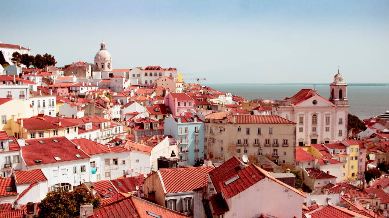 Lisbon, terracotta rooftops, pastel buildings, HD Desktop Wallpaper