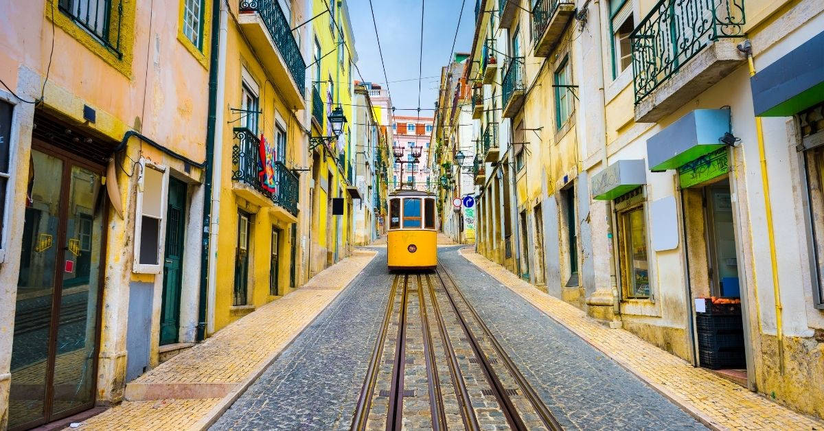 Lisbon, historic tram, narrow cobblestone street, SD Desktop Wallpaper