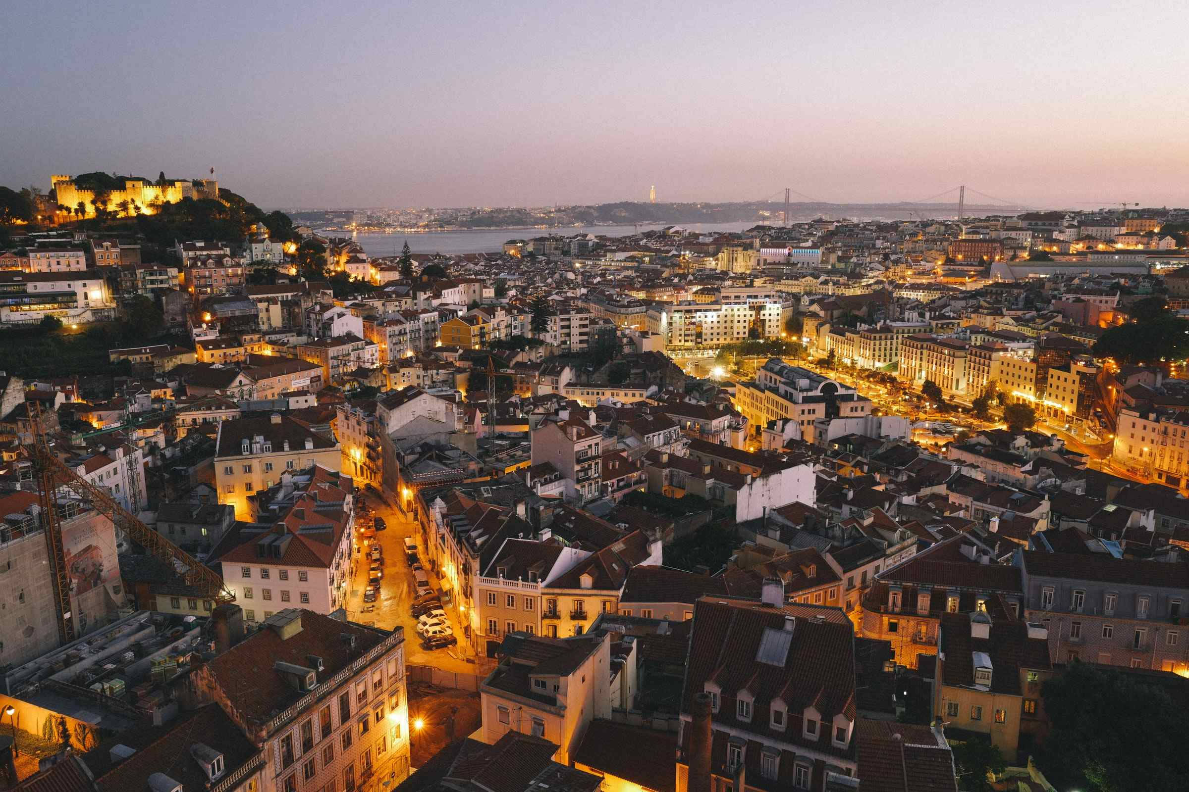Lisbon, dusk, warm glowing lights, Full HD Desktop Wallpaper