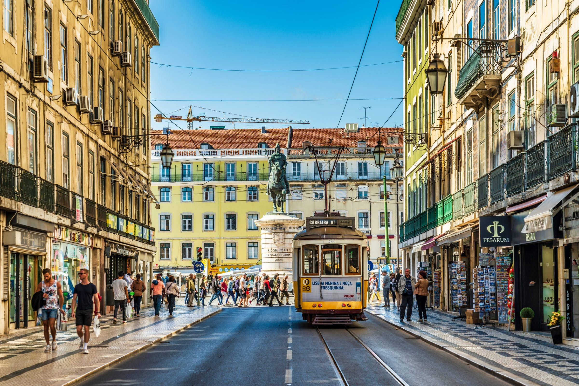 Lisbon, yellow tram, sunlit Lisbon street, Full HD Desktop Wallpaper
