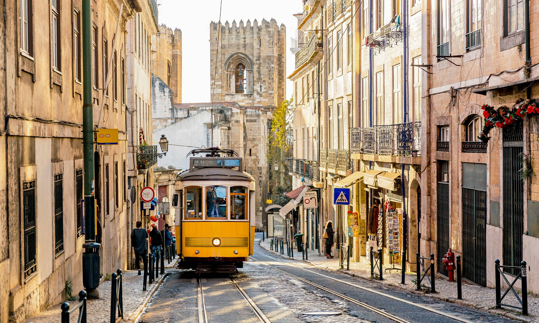 yellow tram, Lisbon, cobblestone street, Full HD Desktop Wallpaper