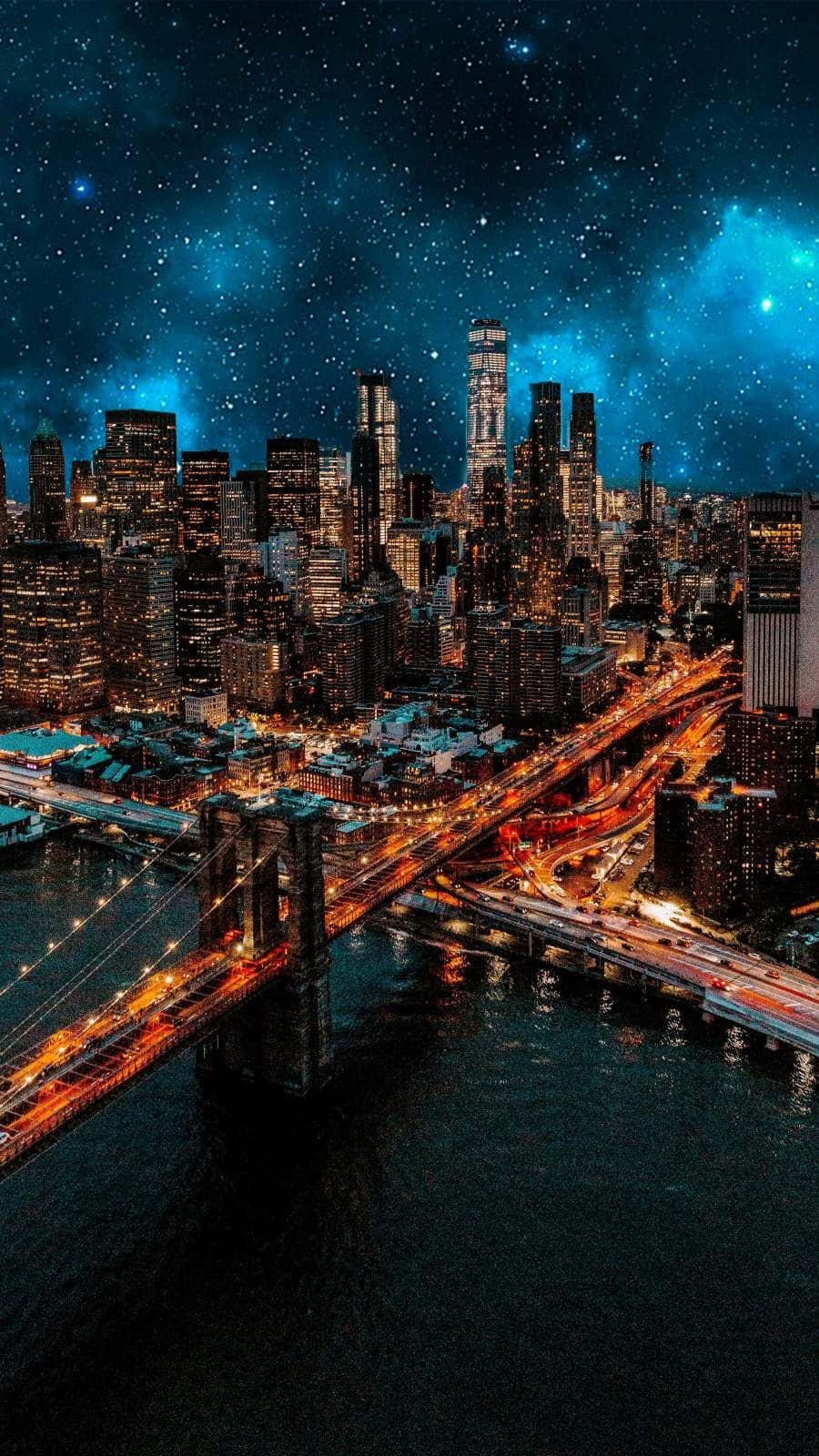 Lit iPhone, nighttime cityscape, glowing skyscrapers, HD Phone Wallpaper