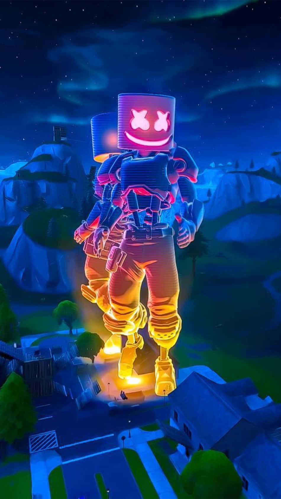 Lit iPhone, Giant glowing marshmello character, suburban neighborhood, HD Phone Wallpaper