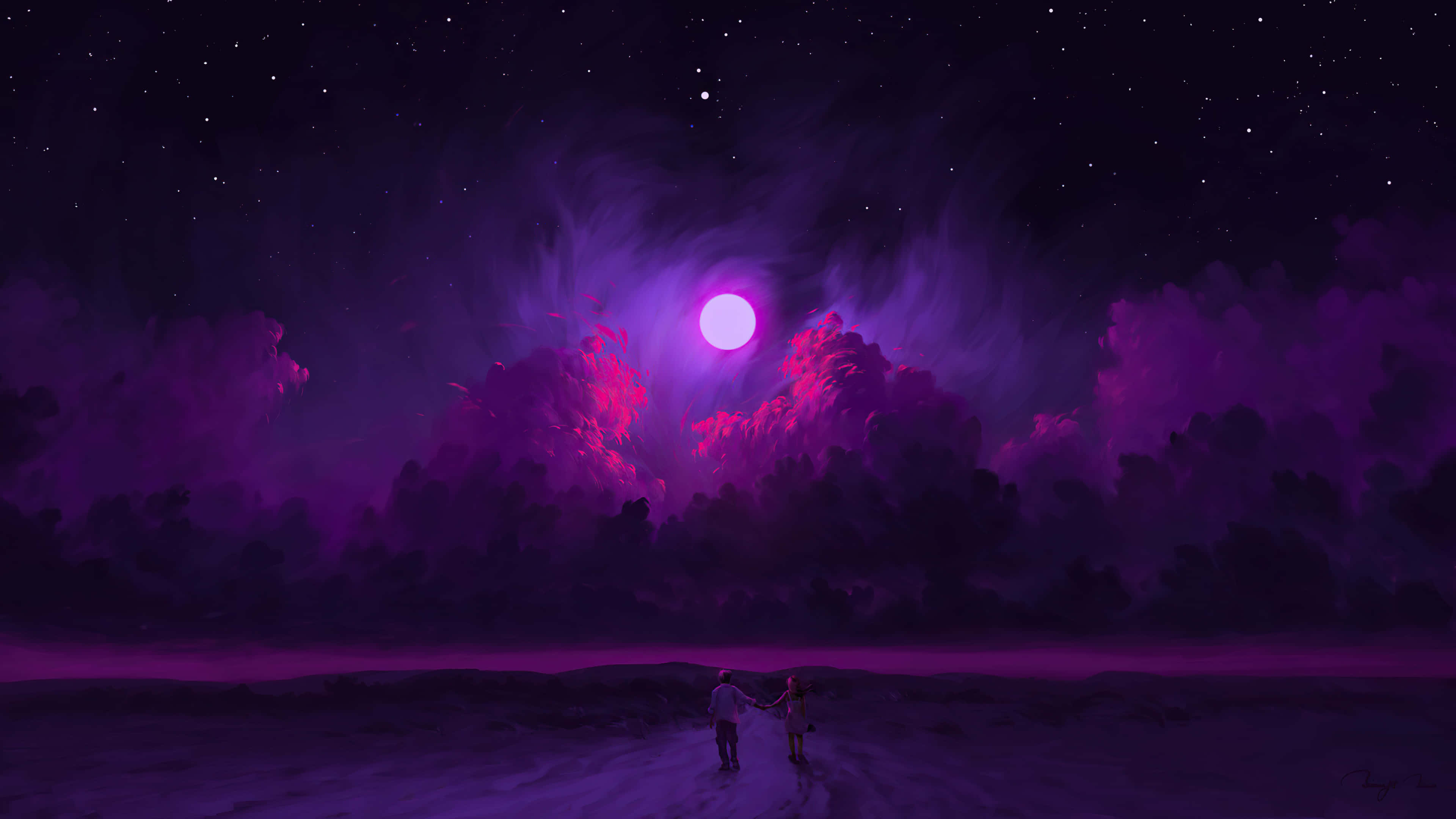Lit iPhone, purple-hued desert, glowing moon, 4K Desktop Wallpaper