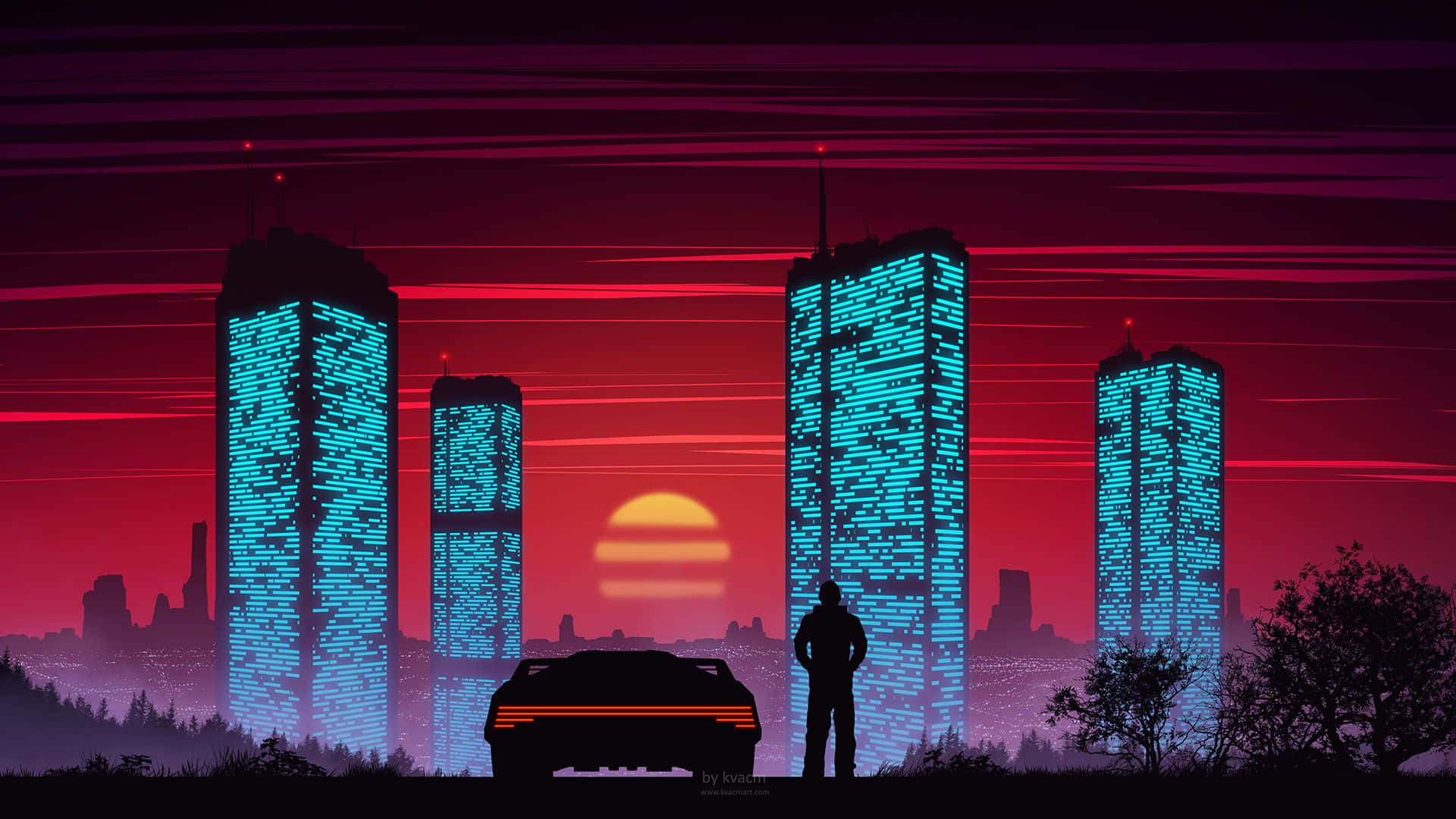 Lit iPhone, sports car, neon-lit skyscrapers, Full HD Desktop Wallpaper