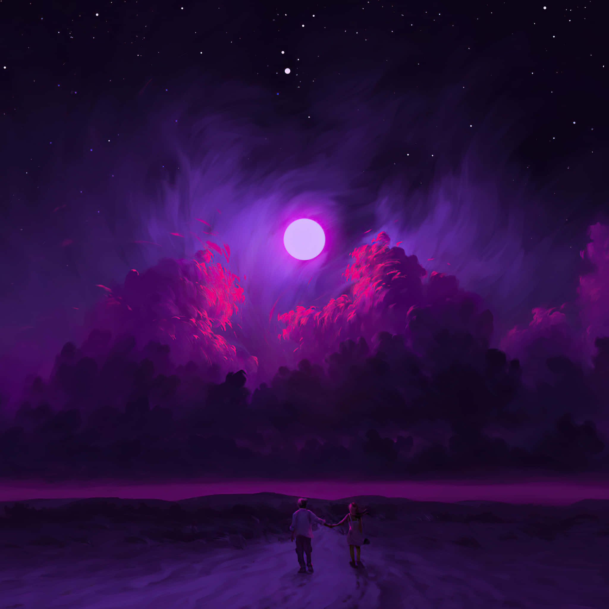 Lit iPhone, glowing purple moon, swirling cosmic clouds, Full HD Desktop Wallpaper