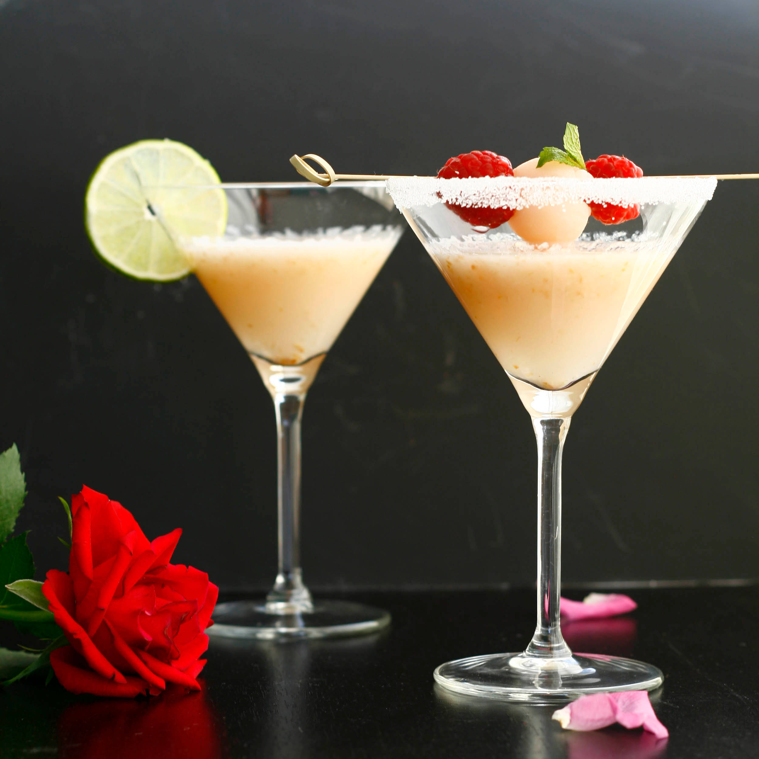 Litchi Juice And Rose, martini glasses, raspberries, Full HD Desktop Wallpaper
