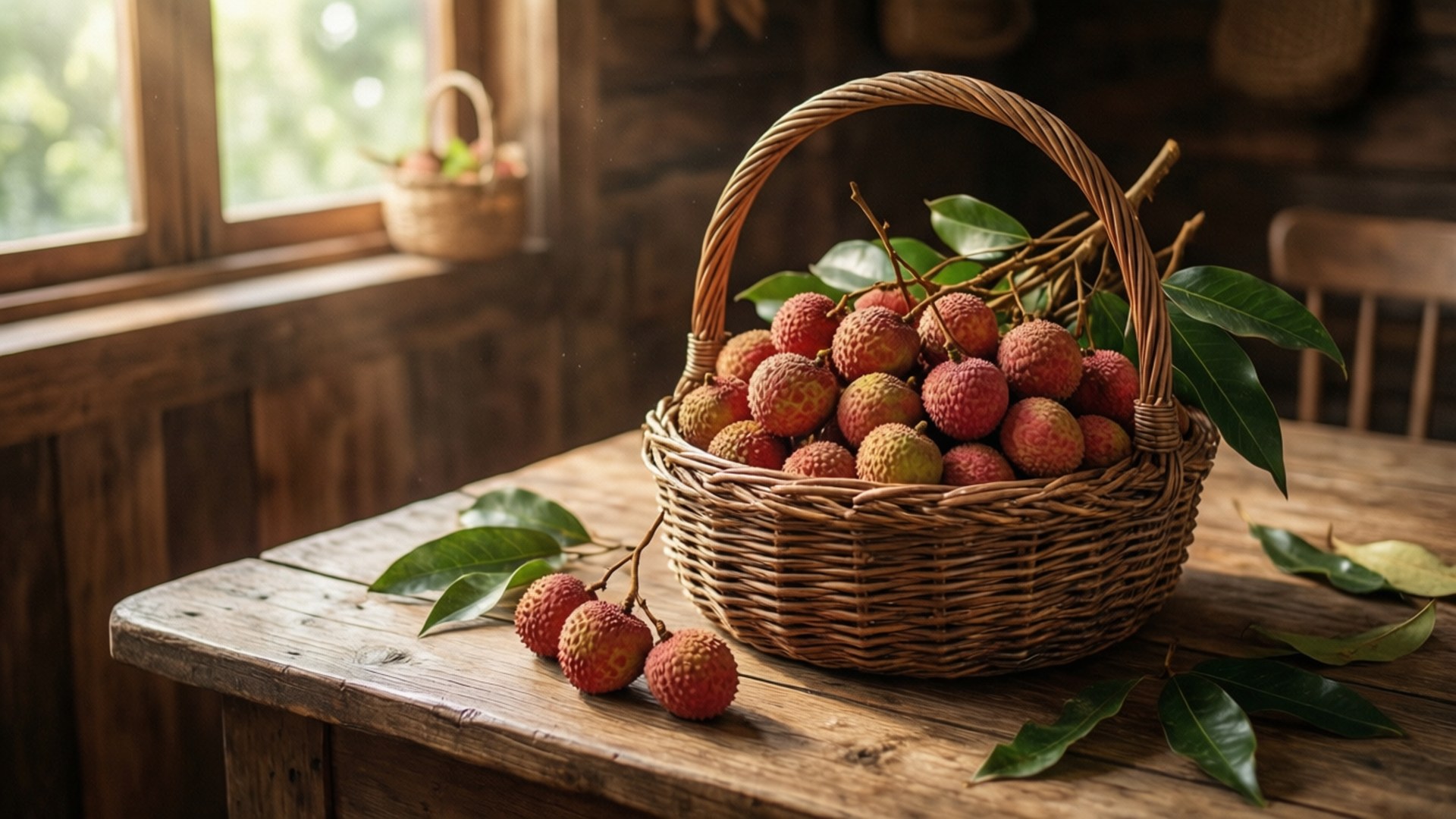 rustic litchi basket, fresh lychees, green leaves, Full HD Desktop Wallpaper