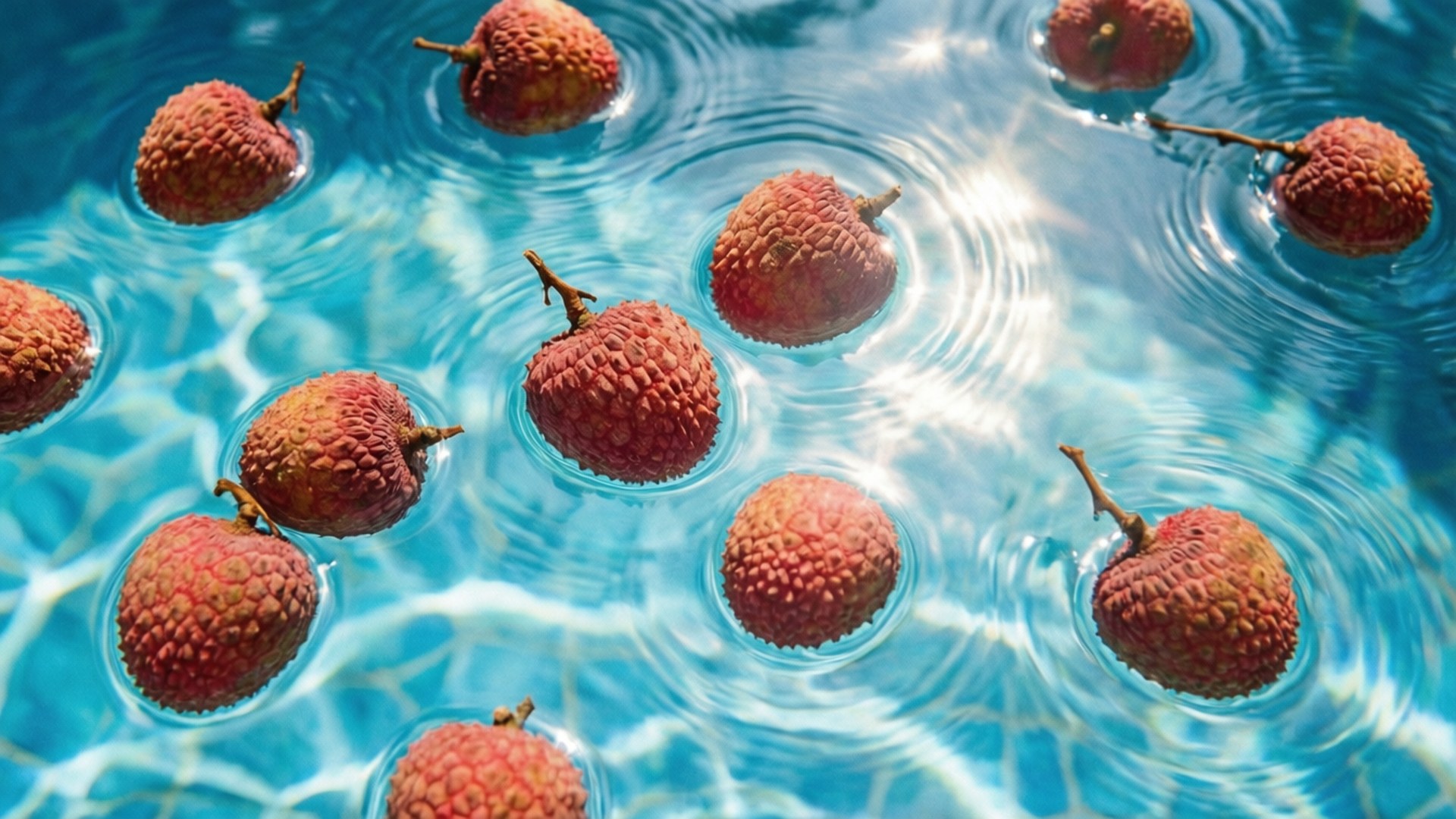 floating litchi pool, lychees, sunlit turquoise water, Full HD Desktop Wallpaper