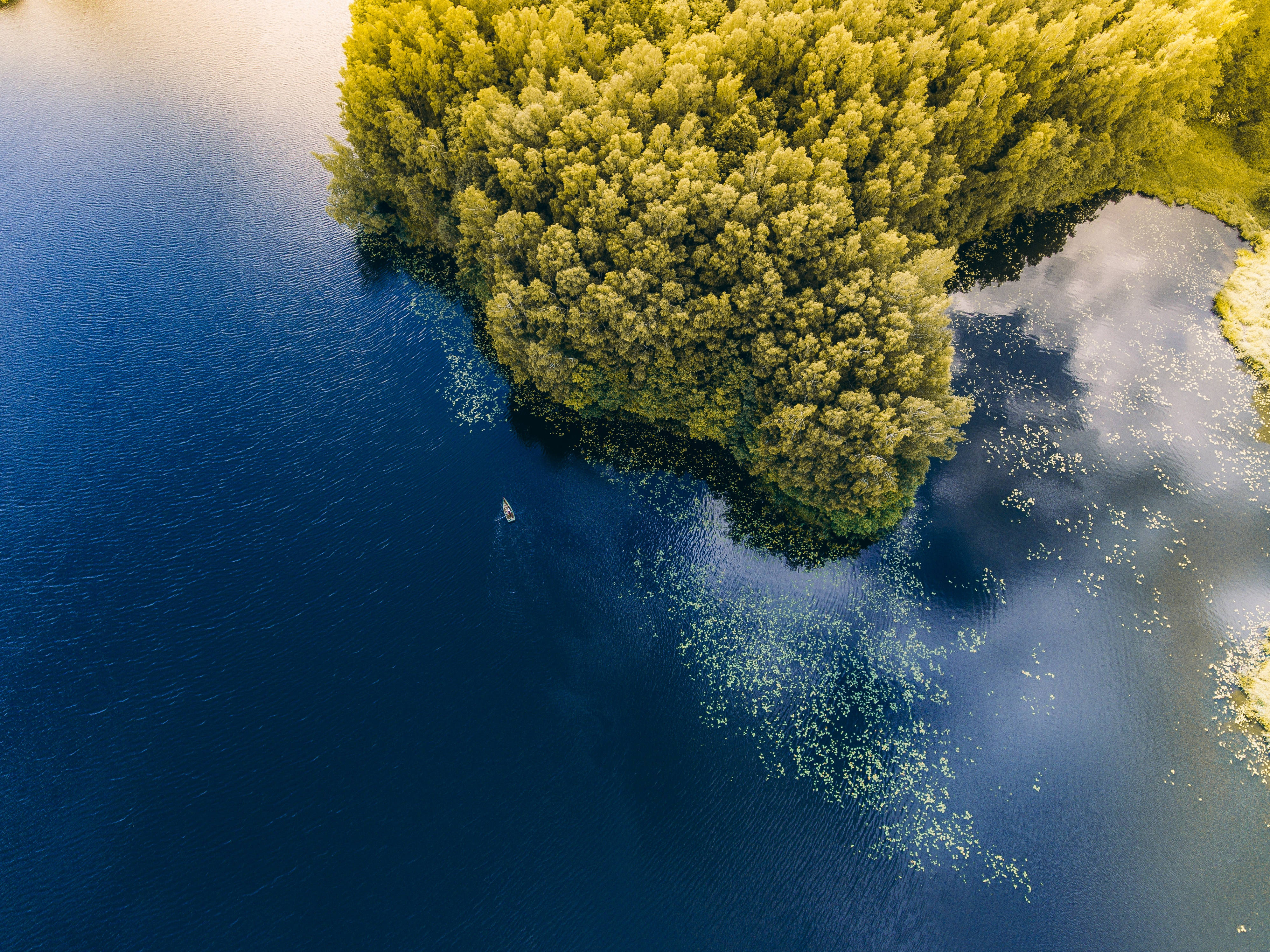 Lithuania, aerial view, lush green forested island, 4K Desktop Wallpaper