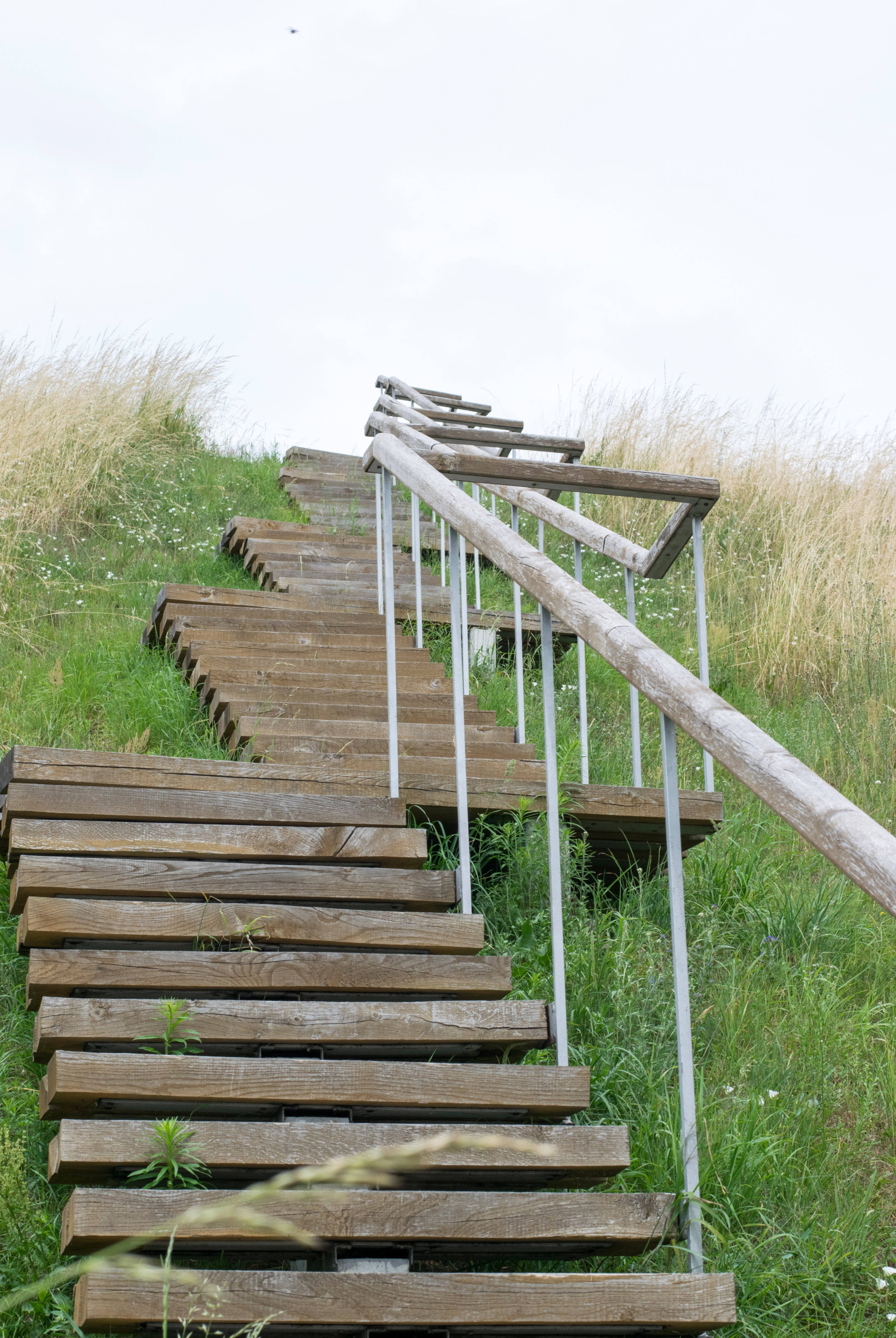 wooden staircase, grassy hillside, overcast sky, 5K Phone Wallpaper