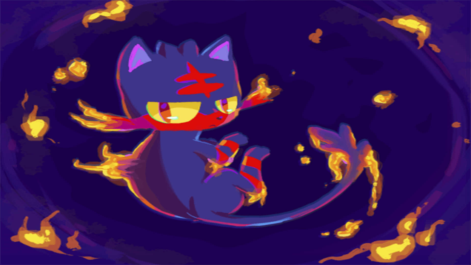 Litten, navy blue background, fiery orange limbs, Full HD Desktop Wallpaper