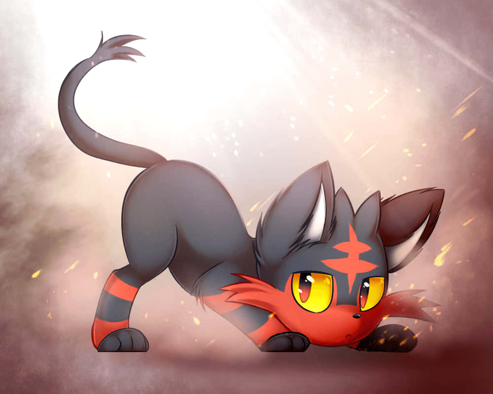 Litten, fiery red and gray, glowing yellow eyes, SD Desktop Wallpaper