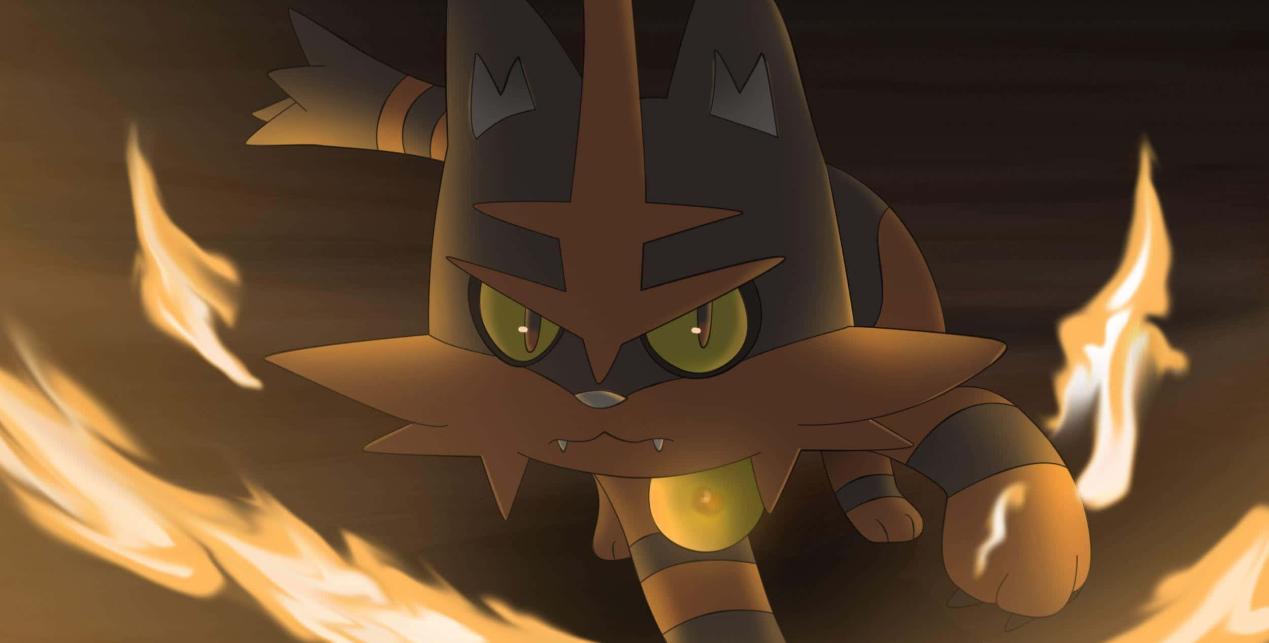 Litten, fire sparks, glowing green eyes, Full HD Desktop Wallpaper