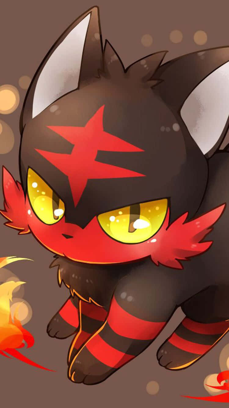 Litten, brown backdrop, fiery black cat-like creature, HD Phone Wallpaper