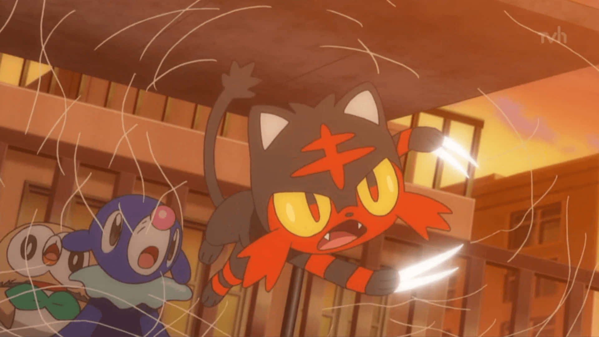 Litten, fiery cat-like Pokémon, rainy urban alley, Full HD Desktop Wallpaper