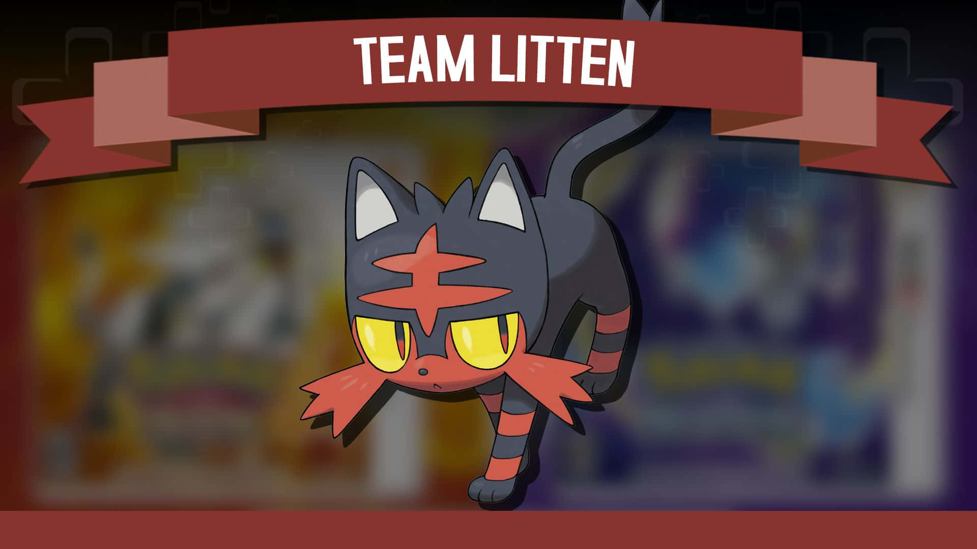 Team Litten, red banner, dark gray cat-like Pokémon, Full HD Desktop Wallpaper
