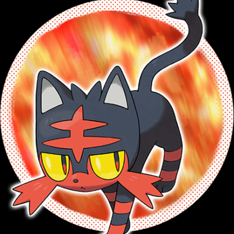 Litten, orange circle graphic, fiery black cat-like Pokémon, SD Desktop Wallpaper