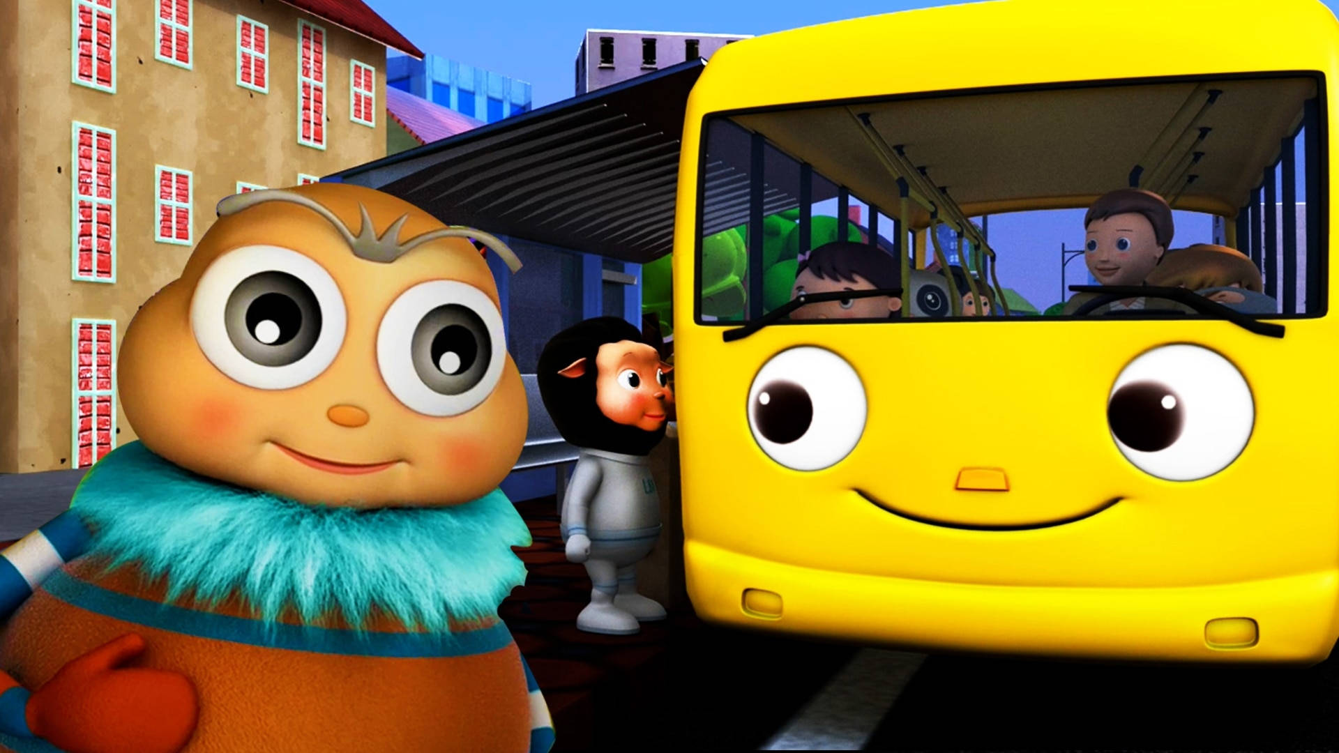 Little Baby Bum, yellow animated bus, big eyes, Full HD Desktop Wallpaper