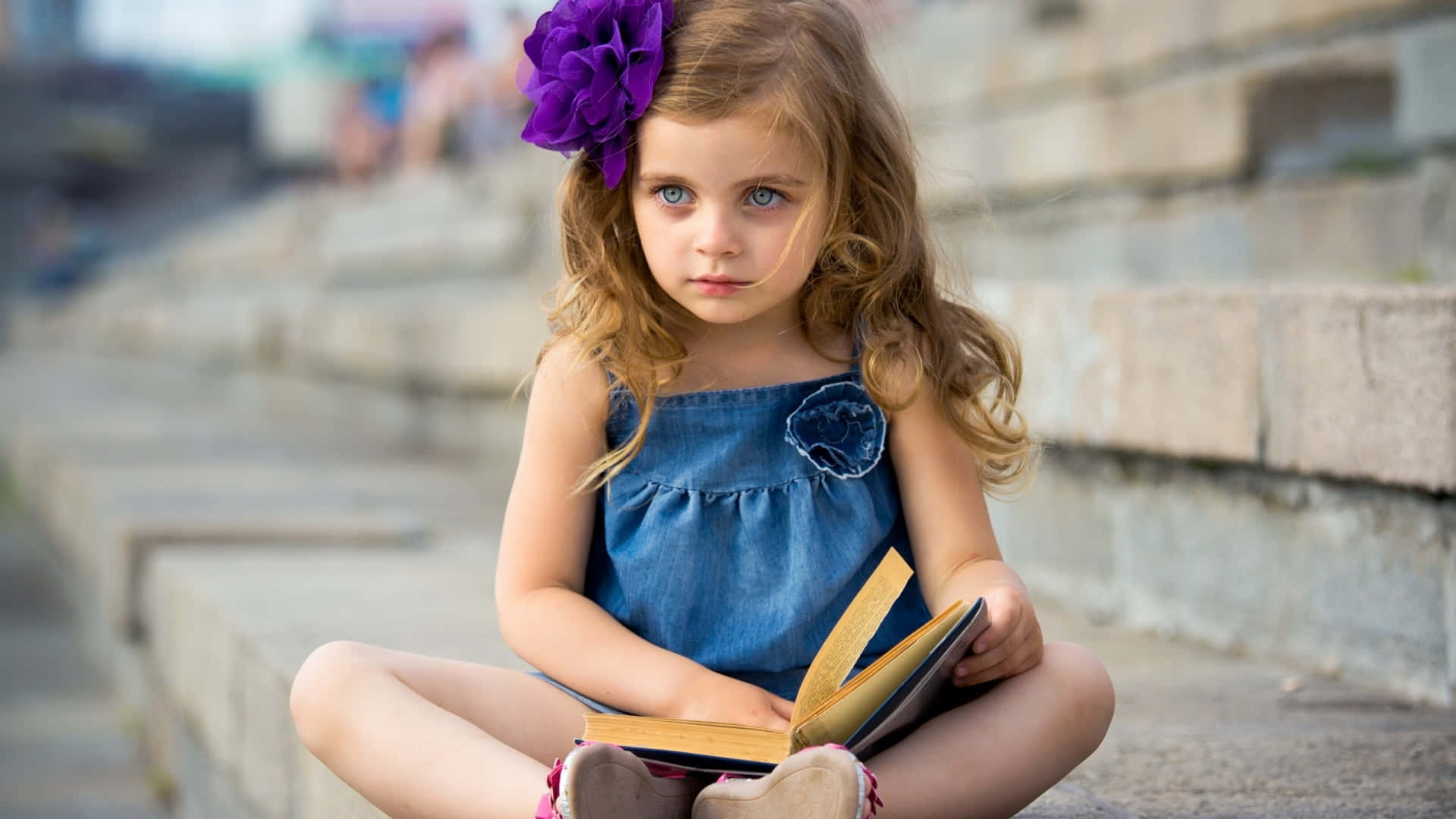 thoughtful little girl, blue eyes, purple flower, Full HD Desktop Wallpaper