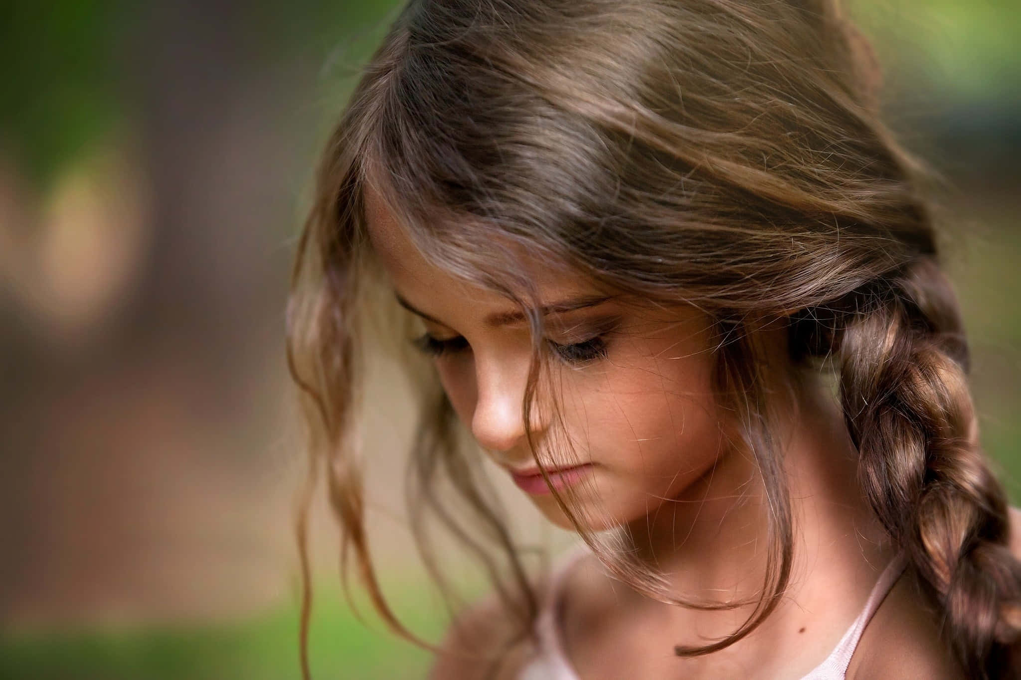 young girl, braided hairstyle, gazes downward, Full HD Desktop Wallpaper
