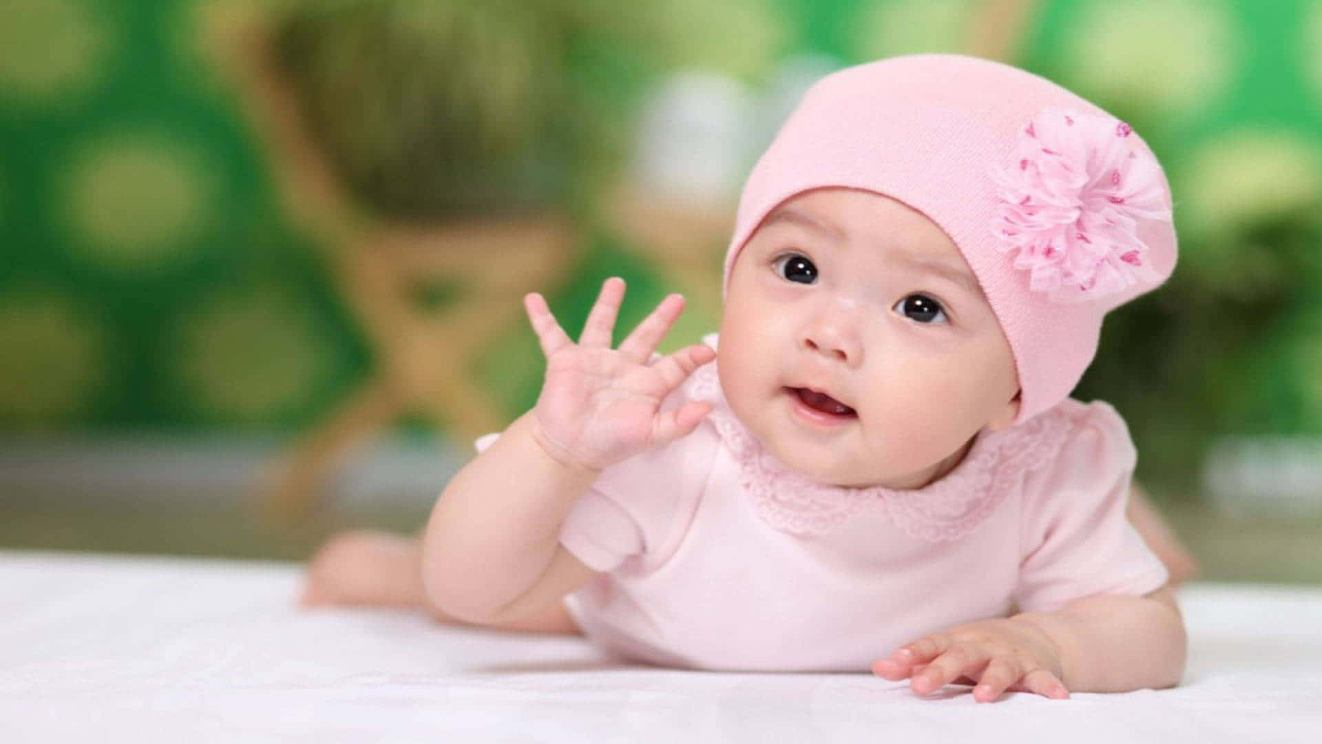baby girl, pink hat with a flower, white surface, Full HD Desktop Wallpaper