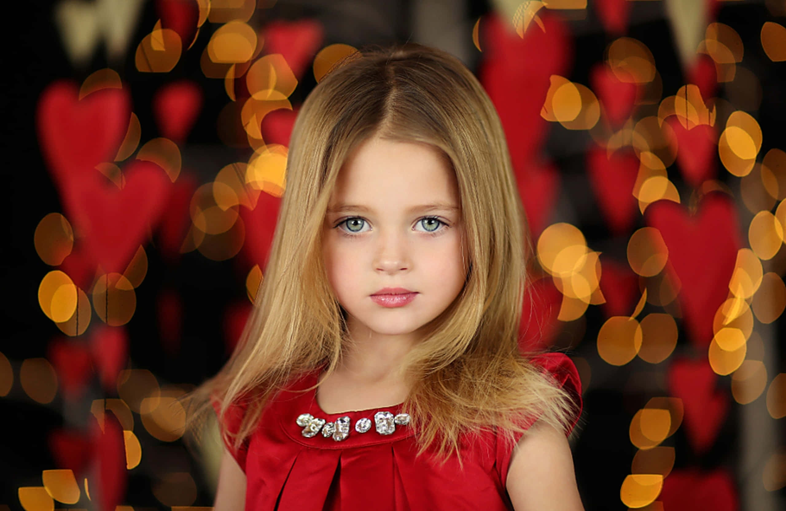 little girl, red dress, bokeh background, 2K Desktop Wallpaper
