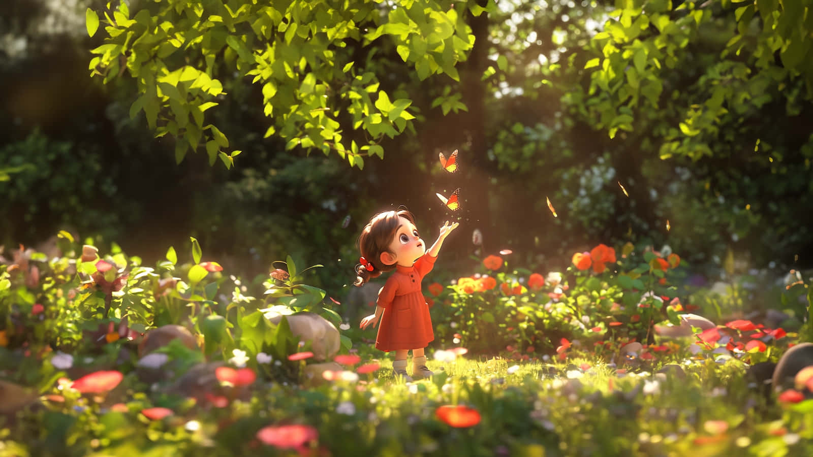 young girl, red dress, sunlit garden, HD Desktop Wallpaper