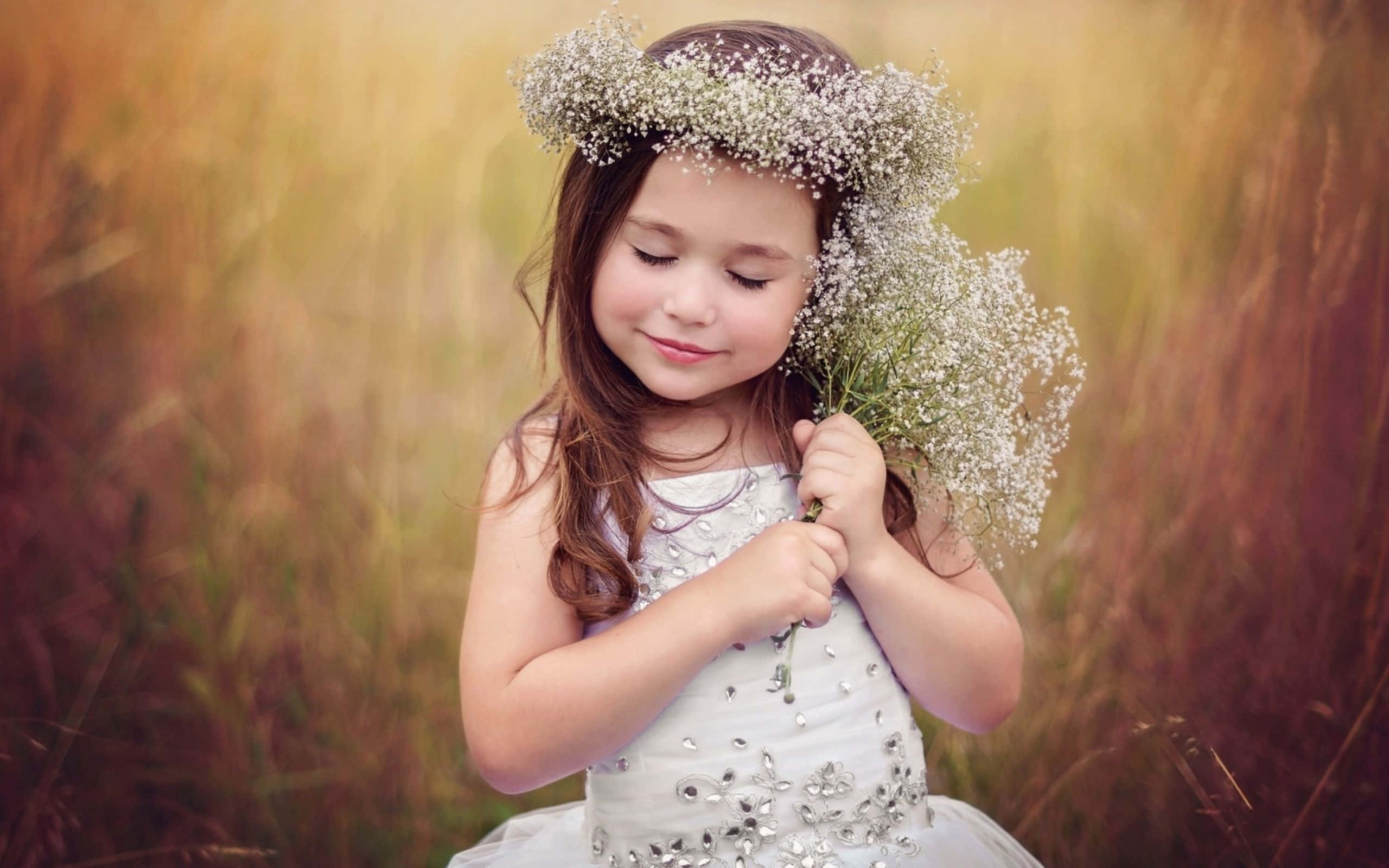 Dreamy Meadow, white beaded dress, baby's breath bouquet, 2K Desktop Wallpaper