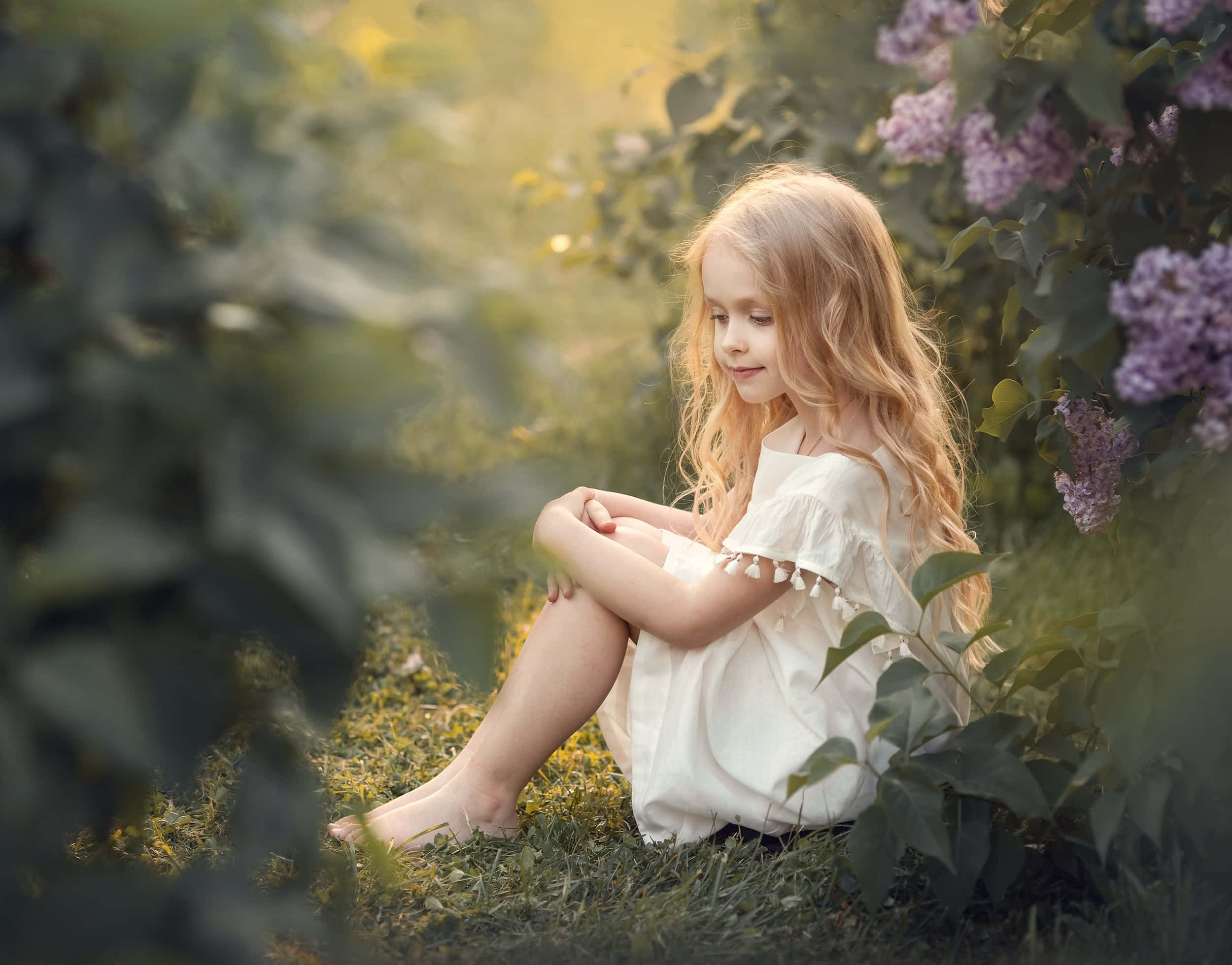 Serene Summer Child, golden hair, sunlit garden, Full HD Desktop Wallpaper