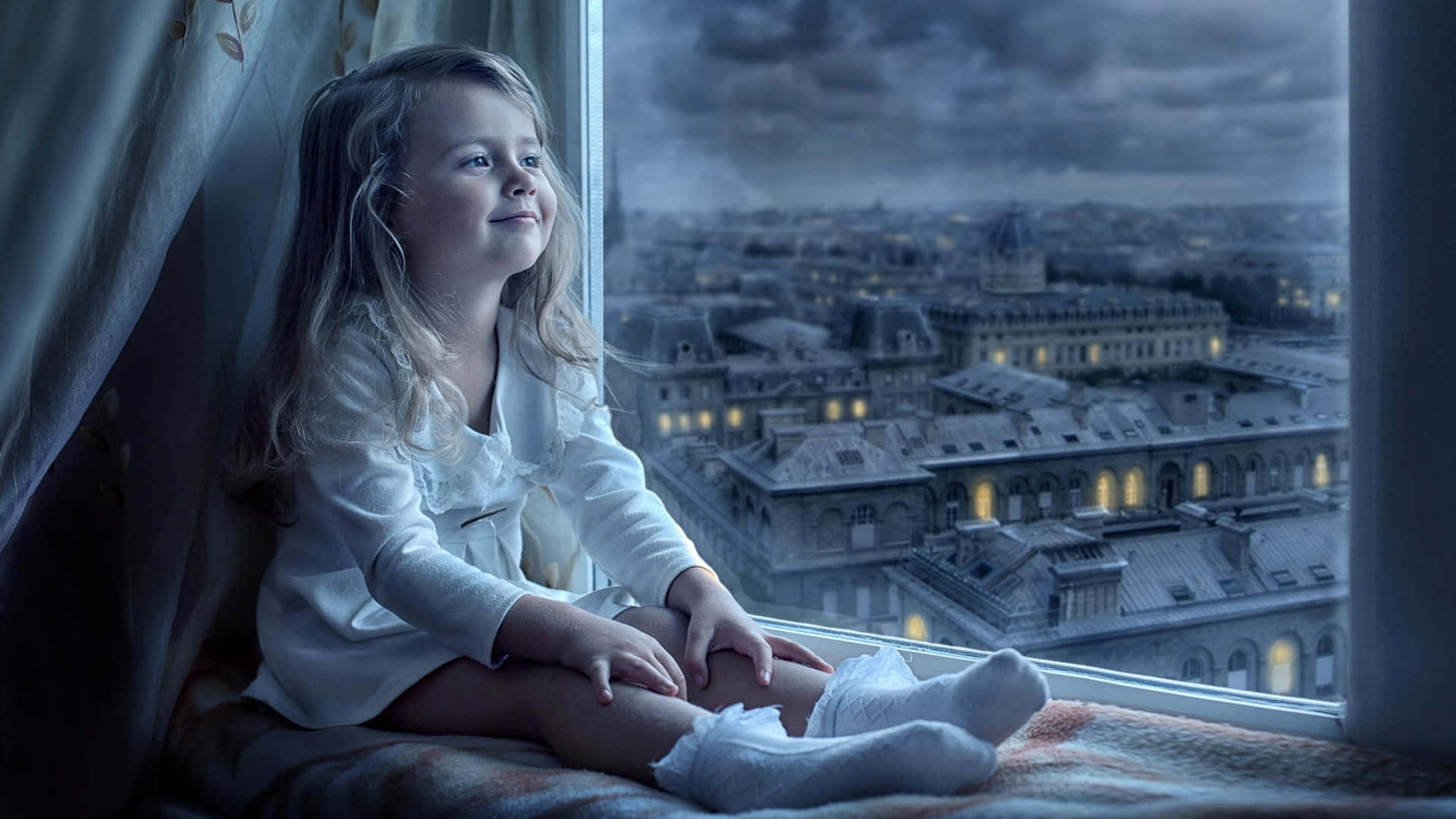 Little Girl, white pajamas, window, Full HD Desktop Wallpaper